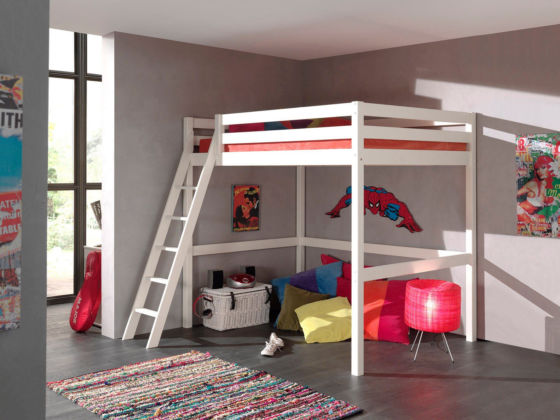 Hochbett Pino, inkl. Rolllattenrost, Absturzschutz und schräger Leiter