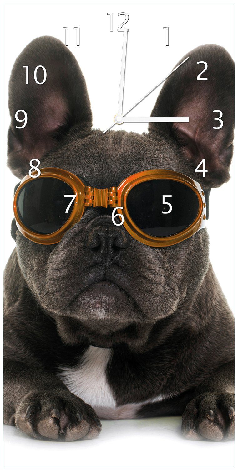 Wallario Wanduhr Cooler Hund mit Sonnenbrille in orange - Französische Bulldogge (Uhr aus Acryl)