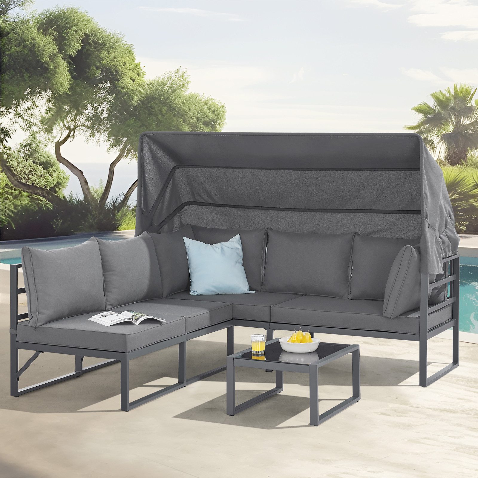 SVITA Gartenlounge-Set MAUI, (4-tlg), Outdoor-Möbelset mit Dach, Stahlgestell, Grau