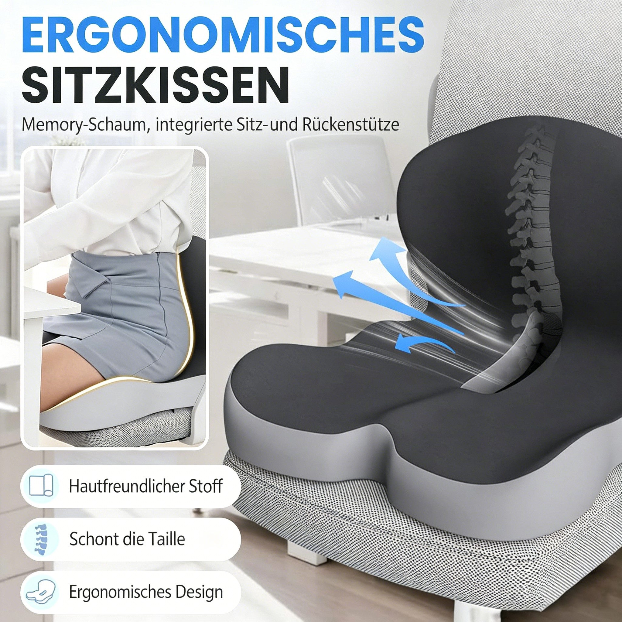 ibettertec Sitzkissen Hämorrhoiden Sitzkissen Orthopädisch für Hämorrhoiden Eisseide Gewebe, Ergonomisches Sitzring Memory Foam Kissen für Bürostuhl Auto Rollstuhl