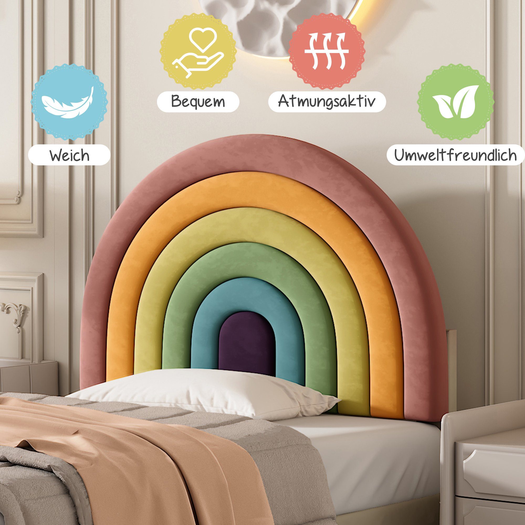 Polsterbett (Jugendbett mit Lattenrost), Kinderbett mit verstellbarem Regenbogen-Kopfteil, 90x200 cm, Samt