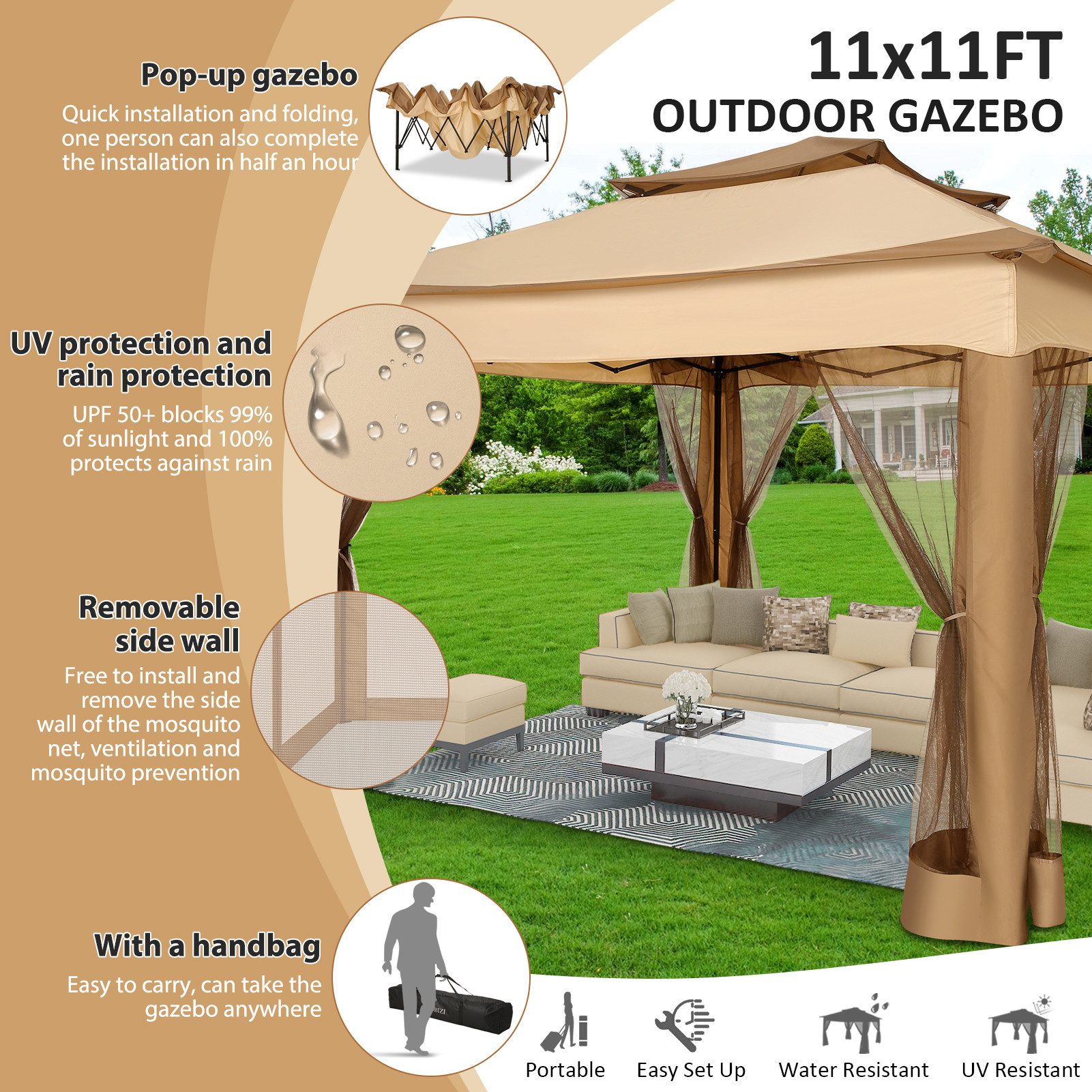 LUCKZON Pavillon 3*3 m Faltbar Gartenzelt günstig online kaufen