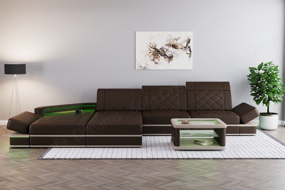 Sofa Dreams Ecksofa Perugia LED-Beleuchtung L Leder Ledercouch Couch Form mit Sofa Designer Ledersofa