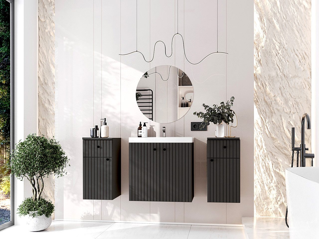 MOEBLINE Badezimmer-Set Badmöbel Set ASTRO MAX schwarz LAMELLEN
