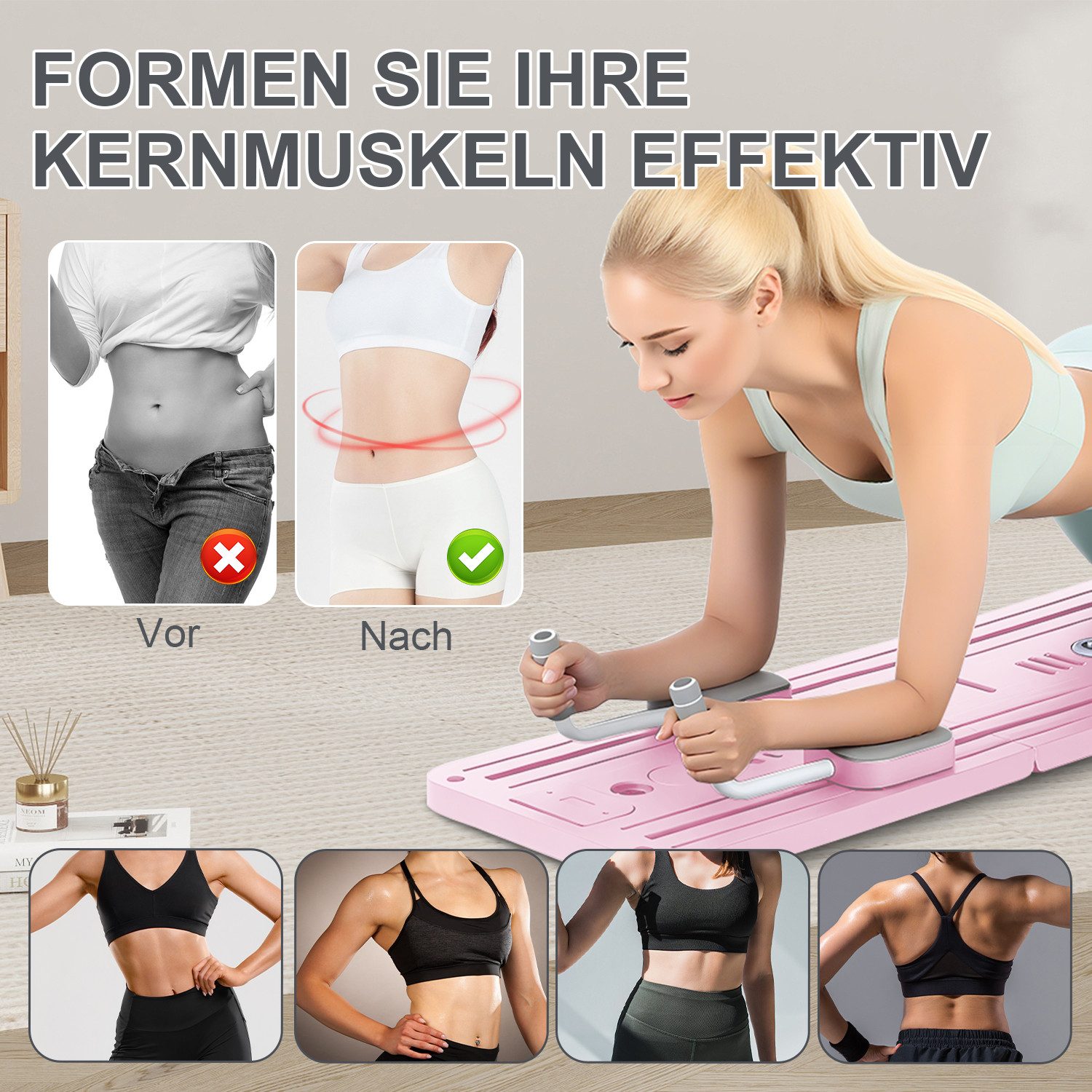 oyajia Ganzkörpertrainer Faltbare Pilates-Fitnessboard, Multifunktionale Trainingsplattform, (Mit Widerstandsbändern, Griffen & Fußstützen für Vielseitige Übungen, 11-tlg., Inklusive Yoga-Pad & Timer – ideal für Home-Workout & Core-Training), Rutschfestes Material, Kompakt Verstaubar & Komfortables Handling