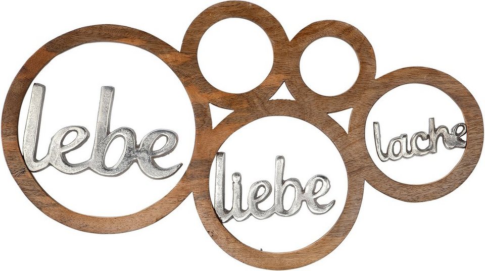 GILDE Wanddekoobjekt Wandobjekt Lebe,Liebe,Lache (1 St), Es ist ein  Material-Mix aus silberfarbenem Aluminium und