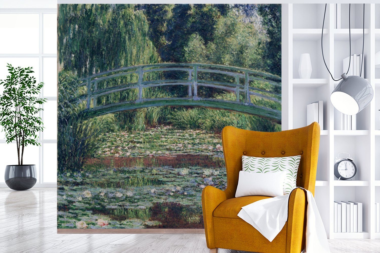 Schlafzimmer, Vinyl - für oder Tapete Seerosen St), Die MuchoWow Brücke Wohnzimmer Claude bedruckt, die und Gemälde Monet, Fototapete von Matt, japanische Wandtapete (5