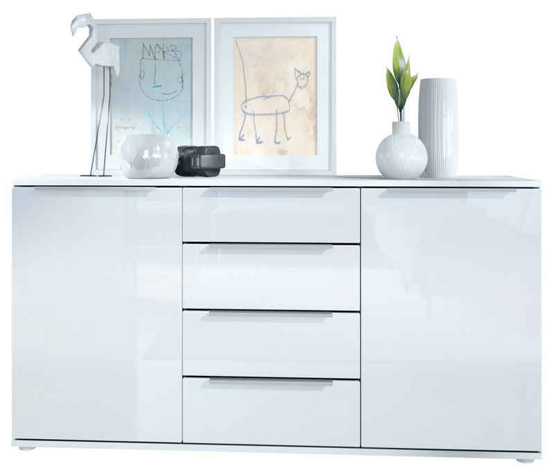 Vladon Sideboard Linio (Anrichte, mit 2 Türen und 4 Schubladen), Weiß matt/Weiß Hochglanz (139 x 72,5 x 35 cm)