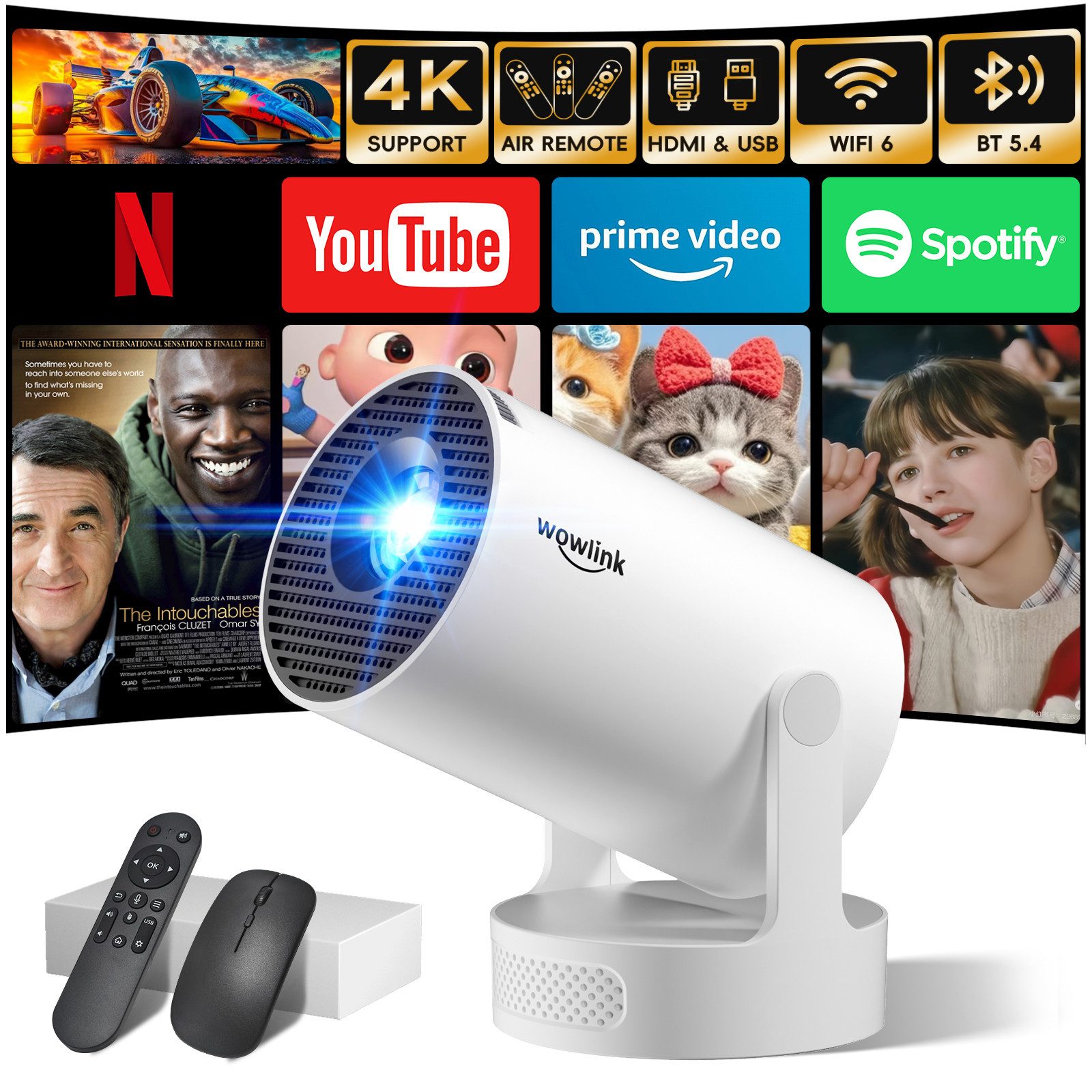wowlink Mini Beamer Unterstützt 4K 1080P, Projektor mit WiFi 6, Bluetooth 5.4 Beamer (200 lm, 10000:1, 4K px, Automatische Trapezkorrektur mit HDMI/TV Stick/Laptop)