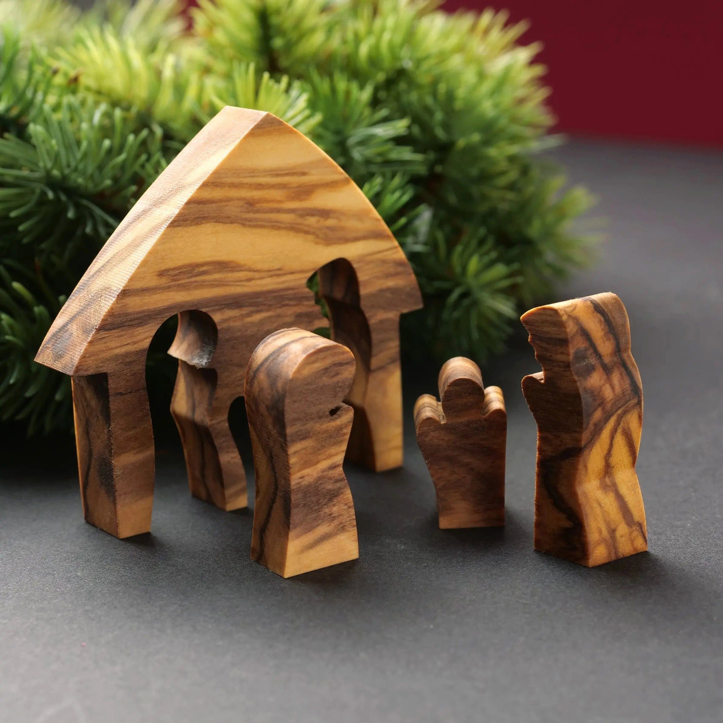 Kassis Dekoobjekt Weihnachtsdeko Rinde, Krippe Bethlehem, ohne Puzzle Holzdeko, umweltfreundlich, aus aus Naturprodukt handgemacht, Olivenholz