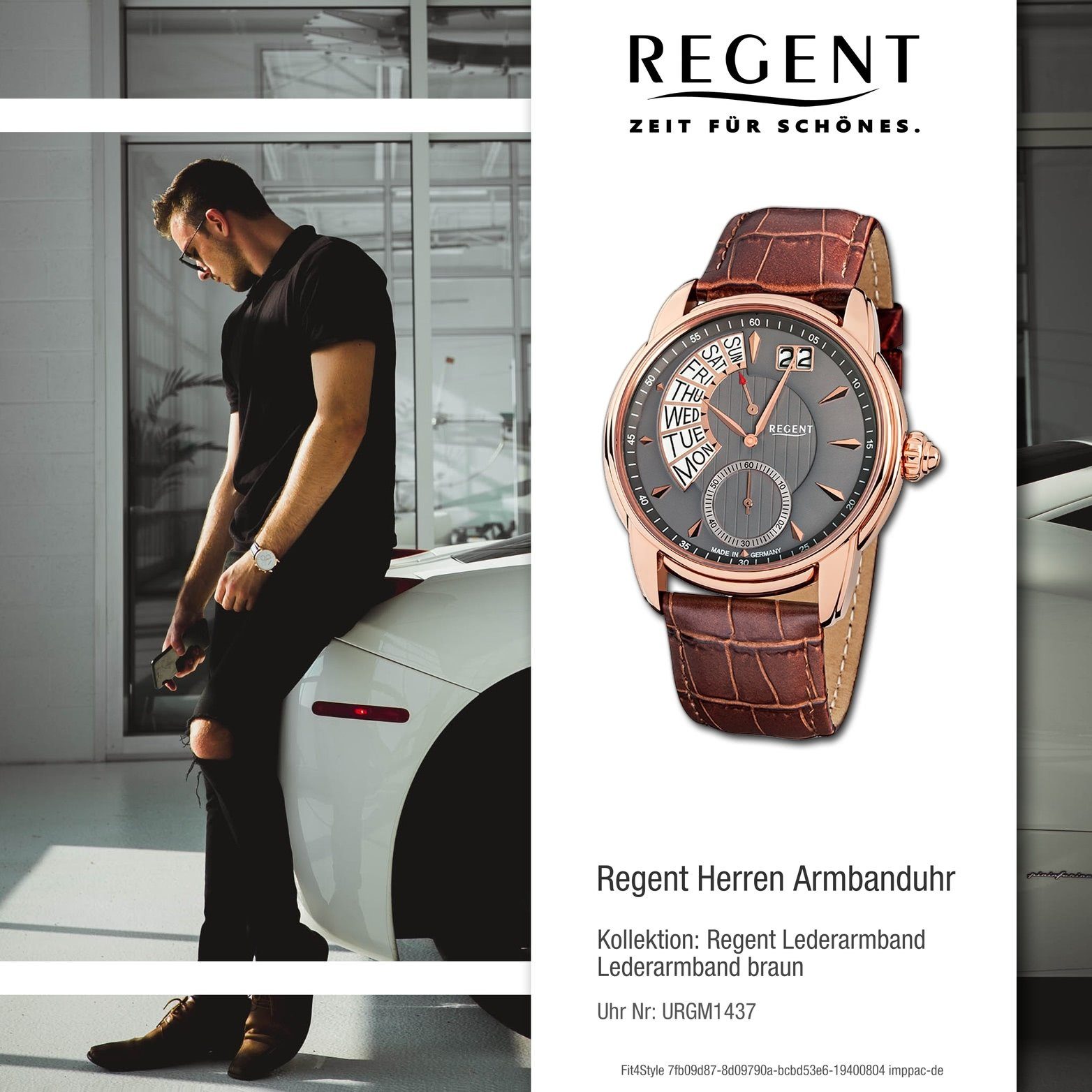 Regent 42mm), Regent Herren Herrenuhr schwarz Gehäuse, Quarzuhr (ca. rundes Lederarmband, GM-1437 groß Uhr Leder Analog,