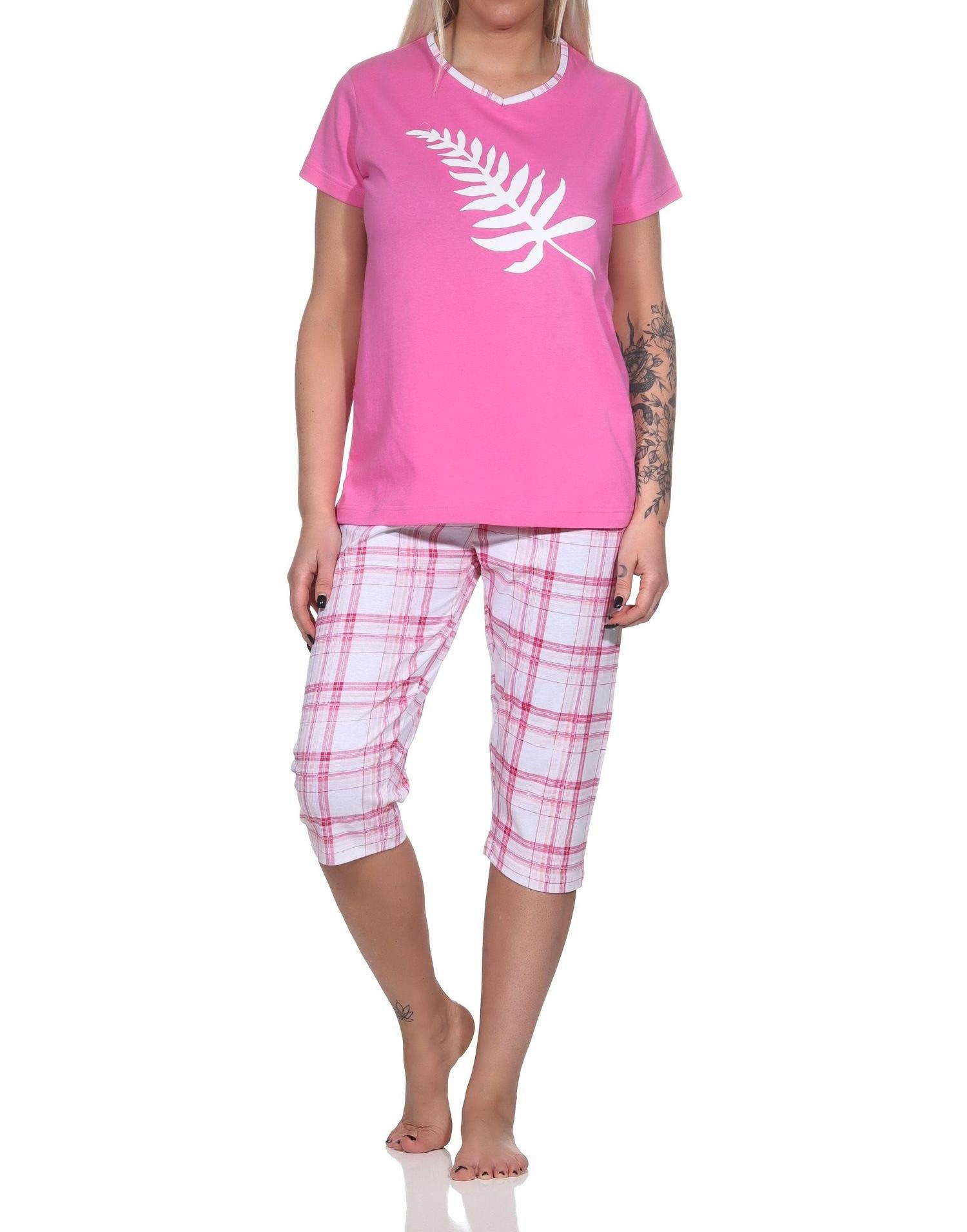 Normann Pyjama Eleganter Damen Capri Pyjama mit karierter ¾ Hose und Frontprint