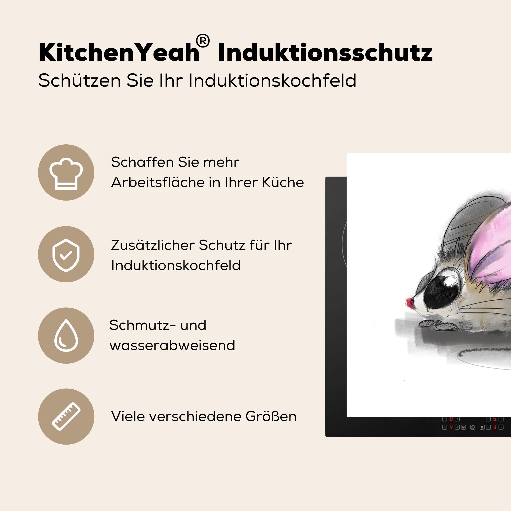 MuchoWow Herdblende-/Abdeckplatte Illustration (1 kleinen 78x78 Ohren, einer Ceranfeldabdeckung, für rosa küche cm, Vinyl, mit tlg), Arbeitsplatte Maus