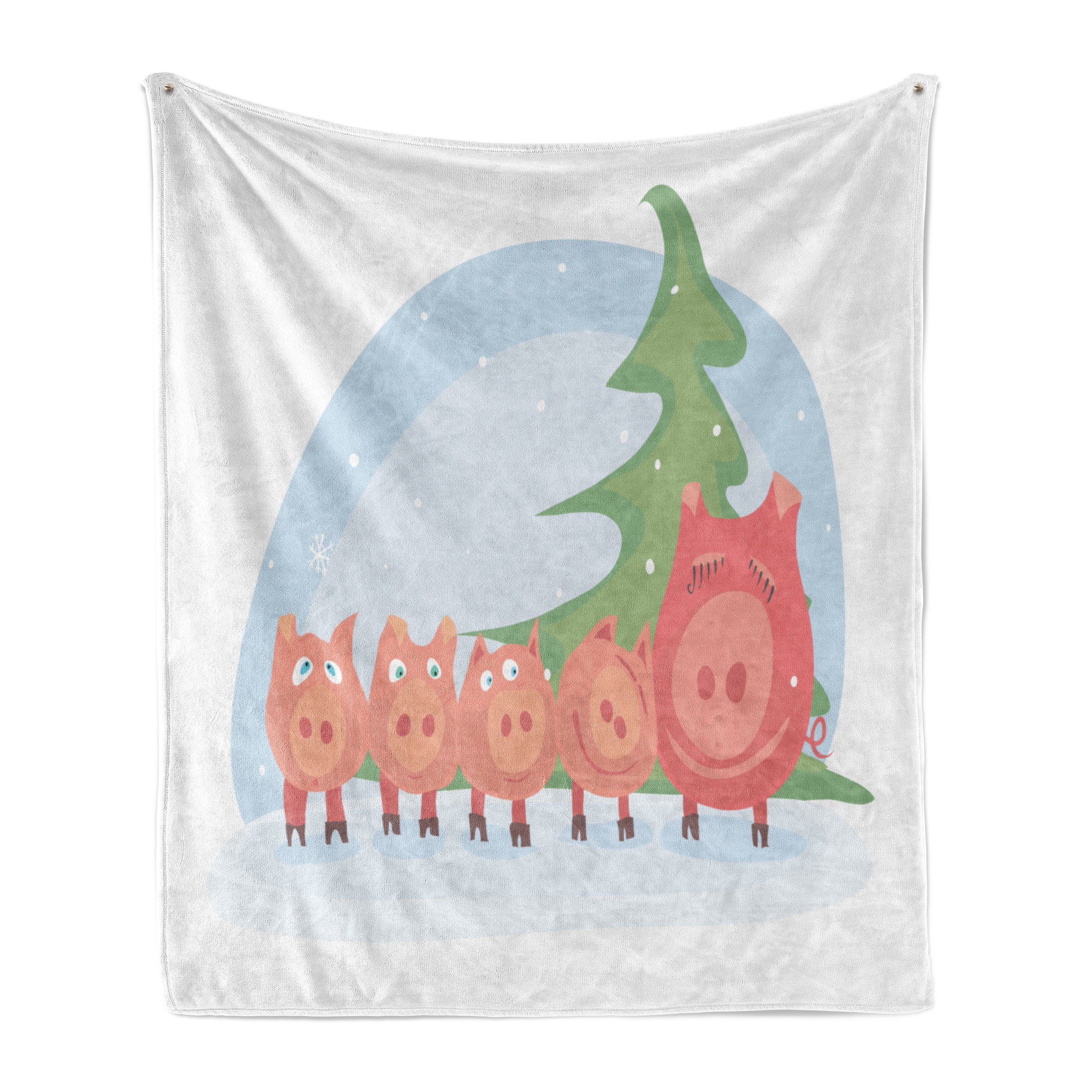 Wohndecke Gemütlicher Plüsch für den Innen- und Außenbereich, Abakuhaus, Schwein Familie unter einem Weihnachtsbaum