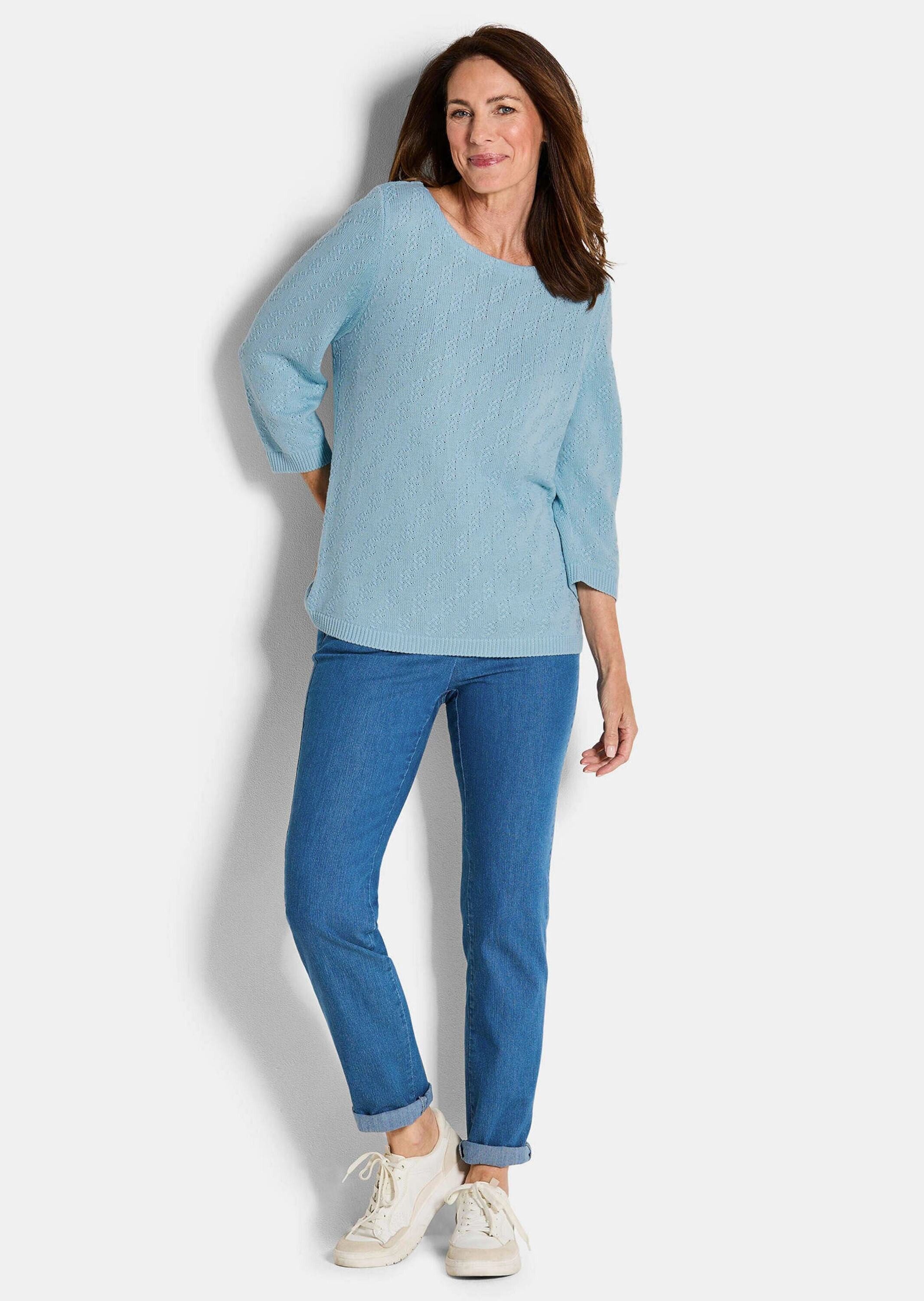 GOLDNER Strickpullover Halbarm Baumwollpullover mit Struktur Elegantes Strickoberteil mit U-Boot-Ausschnitt und 3/4-Ärmel