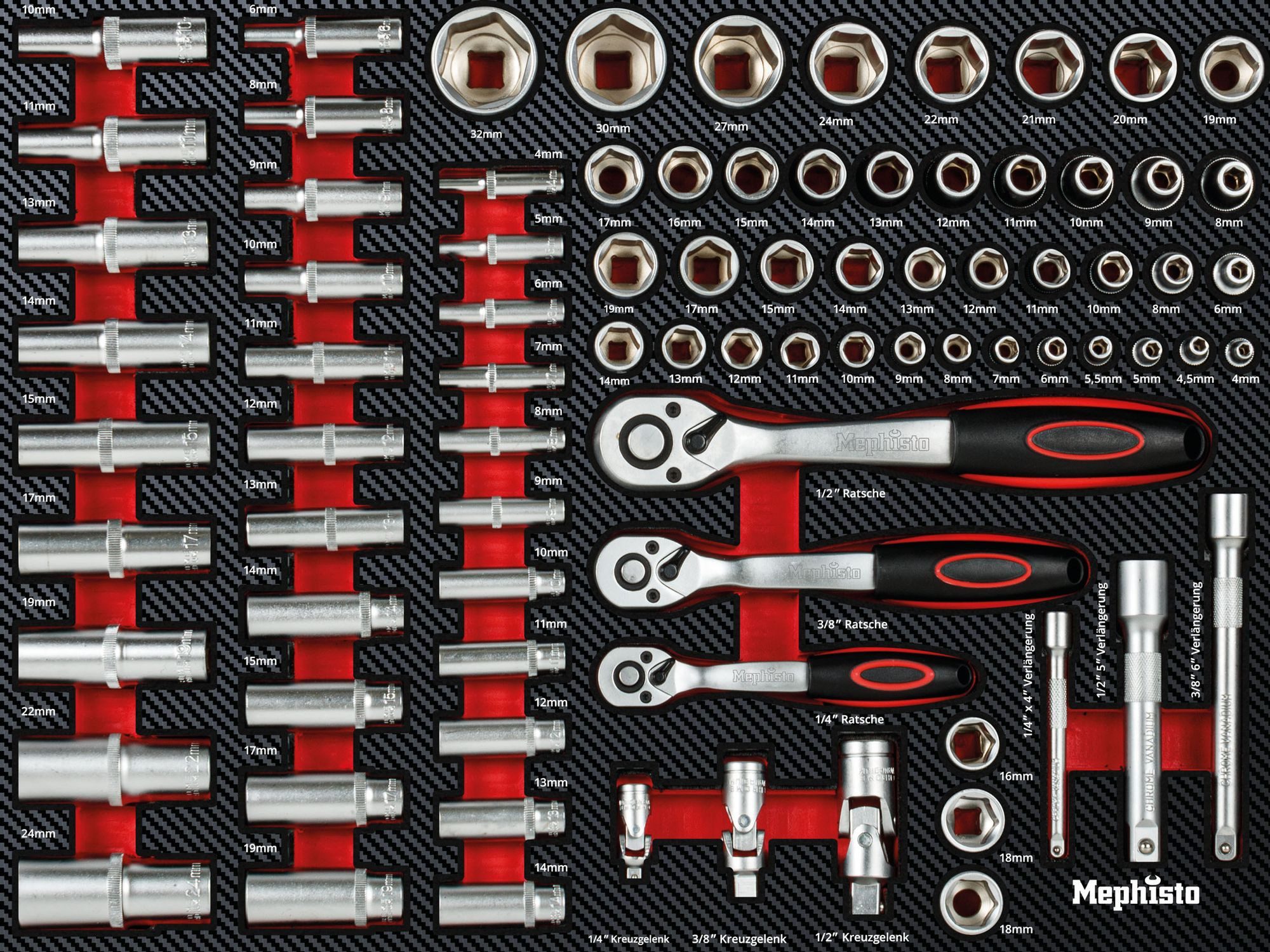 Mephisto-Tools Werkzeugwagen, (fertig montiert und bestückt), 9 abschließbare Schubladen, Werkzeug ist aus hochwertigem CRV