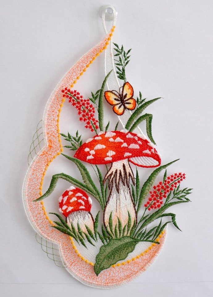 Fensterbild Pilz Vogel Herbst Fliegenpilz Plauener Stickerei Höhe 28 cm