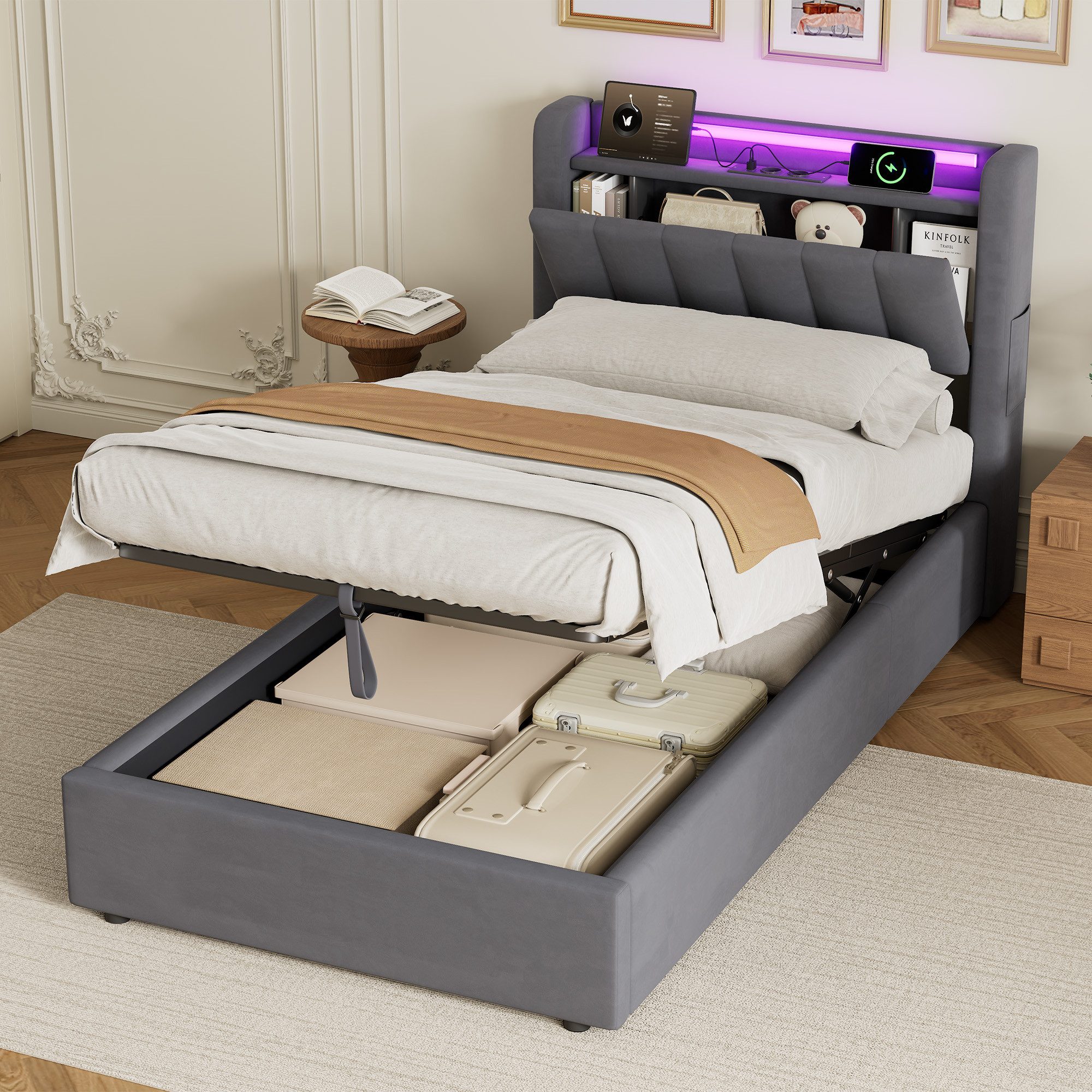 OKWISH Polsterbett mit Hydraulik, LED-Beleuchtung, Steckdosen und USB-Ladeanschlüssen (Funktionsbett, 1-tlg., 90x200 cm, Samt,ohne Matratze), Kopfteil mit Einlegeböden und Stauraum