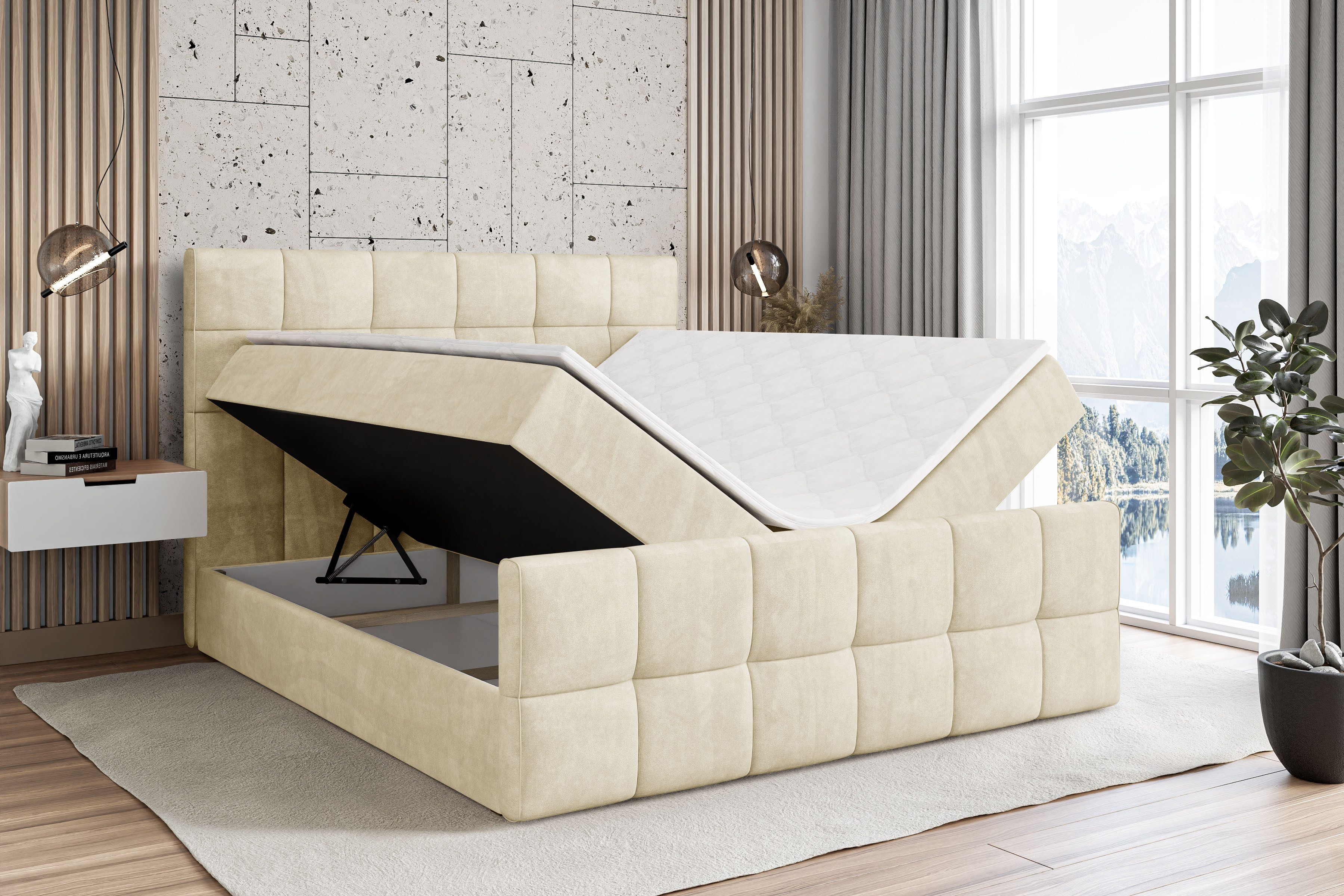 ALTDECOR Boxbett APO-Z (mit Matratze Lattenrost Topper Polsterbett mit Bettkasten Doppelbett), H4 Multipocket / H3 Bonellfederung, Springboxbett Boxspringbett