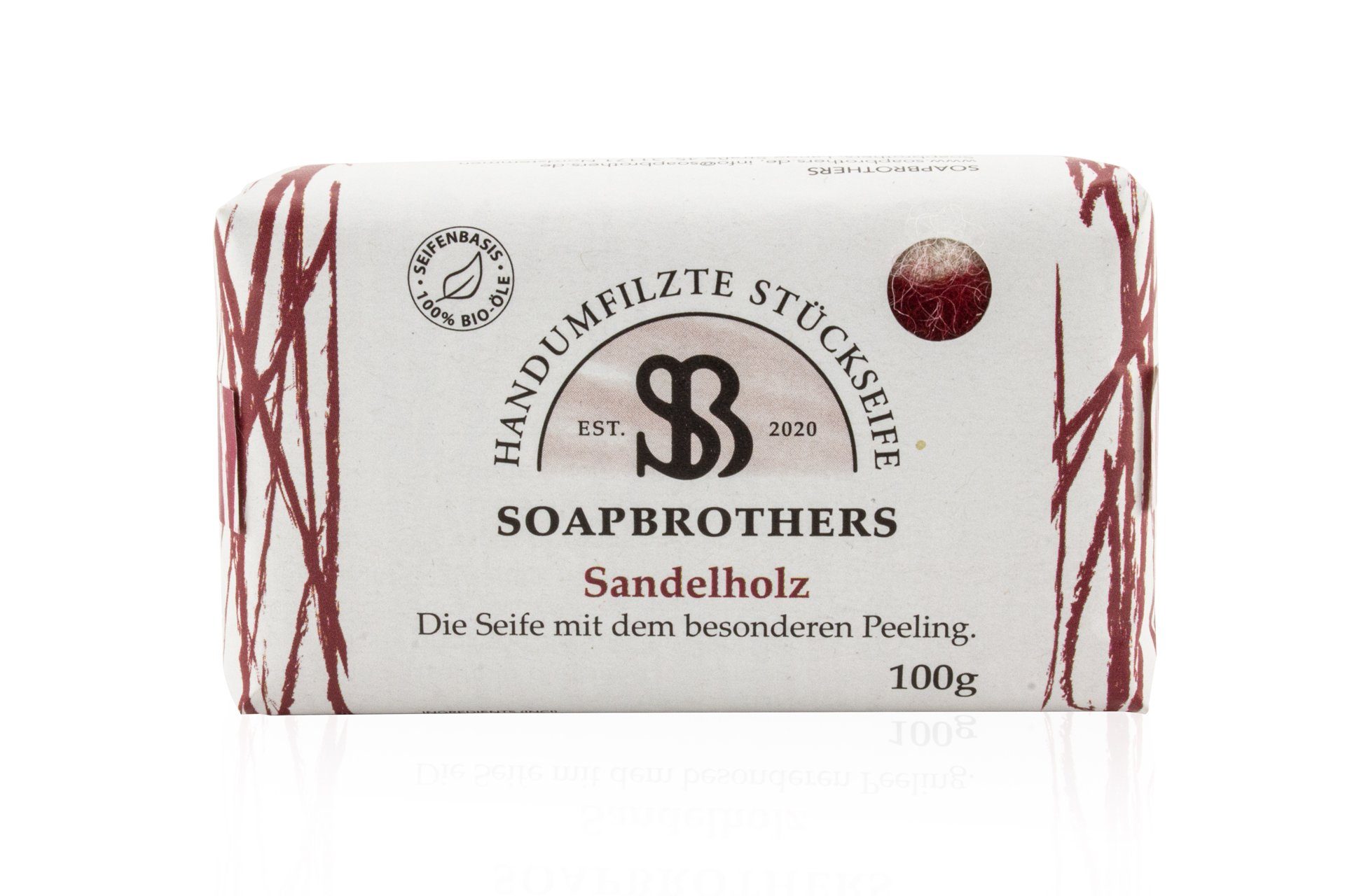 Soapbrothers Gesichtsseife Naturkosmetik Bio Seife mit Filzmantel - Bis zu 4-mal ergiebiger als herkömmliche Stückseifen in nachhaltiger Verpackung - Sandelholz 100g, 1-tlg., Filzseife, Naturkosmetik