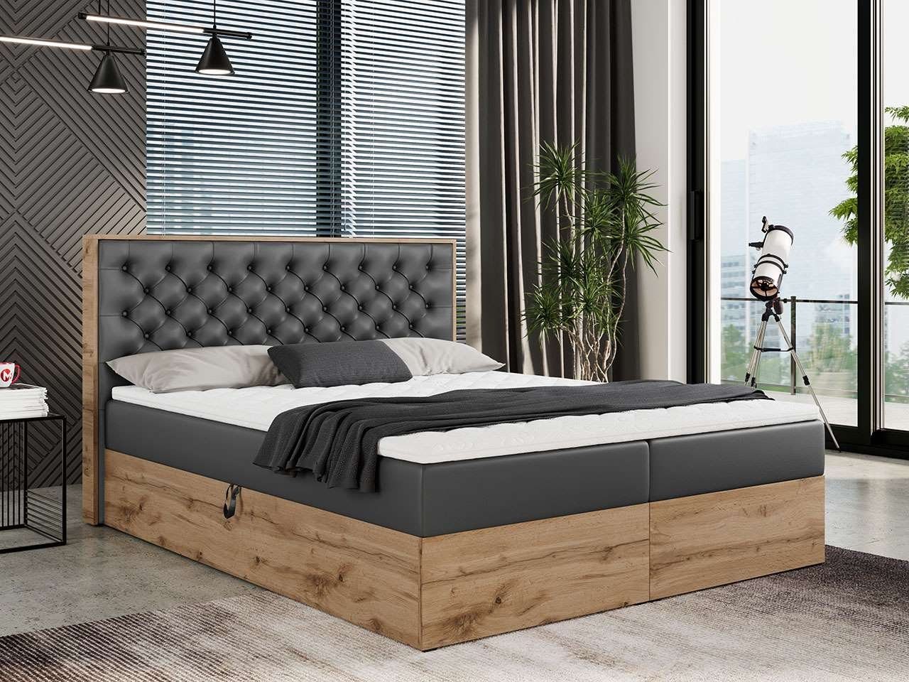 MKS MÖBEL Boxspringbett ALBERO 3, Multipocket-Matratze, Doppelbett, mit Eiche Holzrahmen, mit Kopfstütze | Boxspringbetten