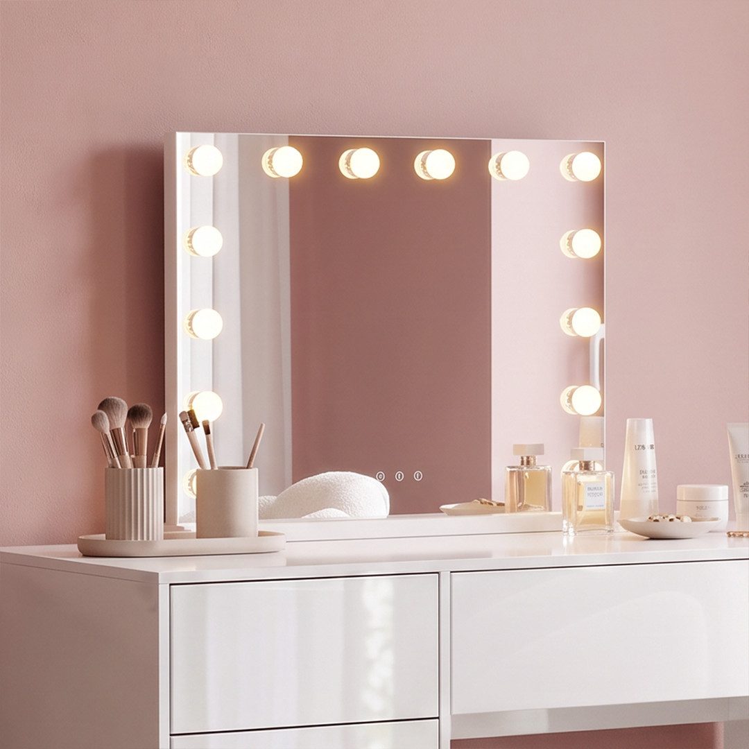 Bellamio Schminkspiegel Livny mit und ohne dimmbarer LED-Beleuchtung (15 LED-Glühbirnen, USB-Ladeanschluss, Vergrößerungsspiegel, Wandmontage/Freistehend), Hollywood Spiegel mit 3 Farbtemperaturen & Touchscreen