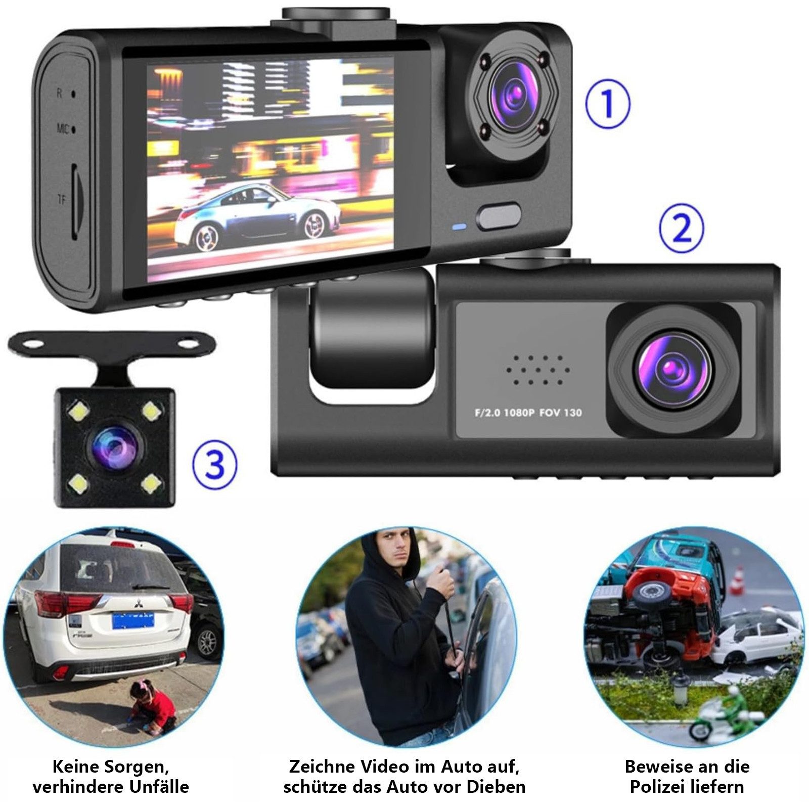 MOPUEA 3-Kamera Dashcam Auto 1080P Full HD Front Innen Rückkamera Dashcam (Nachtsicht Parküberwachung Bewegungserkennung Auto Kamera, Dual Aufnahme vorne und innen gleichzeitig, Weitwinke)