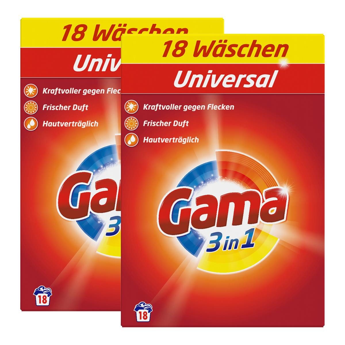 GAMA Gama Waschpulver Universal 3in1 für 18 WL Waschmittel 1,08kg (2er Pack Vollwaschmittel