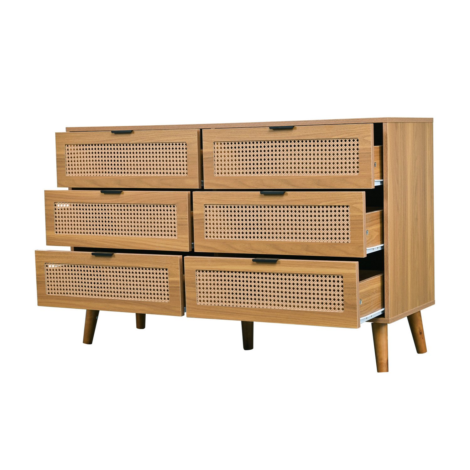Flieks Kommode mit 6 Schubladen Rattan (B120/H76,5/T40 cm, 1 St), Sideboard Schubkastenkommode Aufbewahrungsschrank, Massivholzbeine – Bild 3 von 5