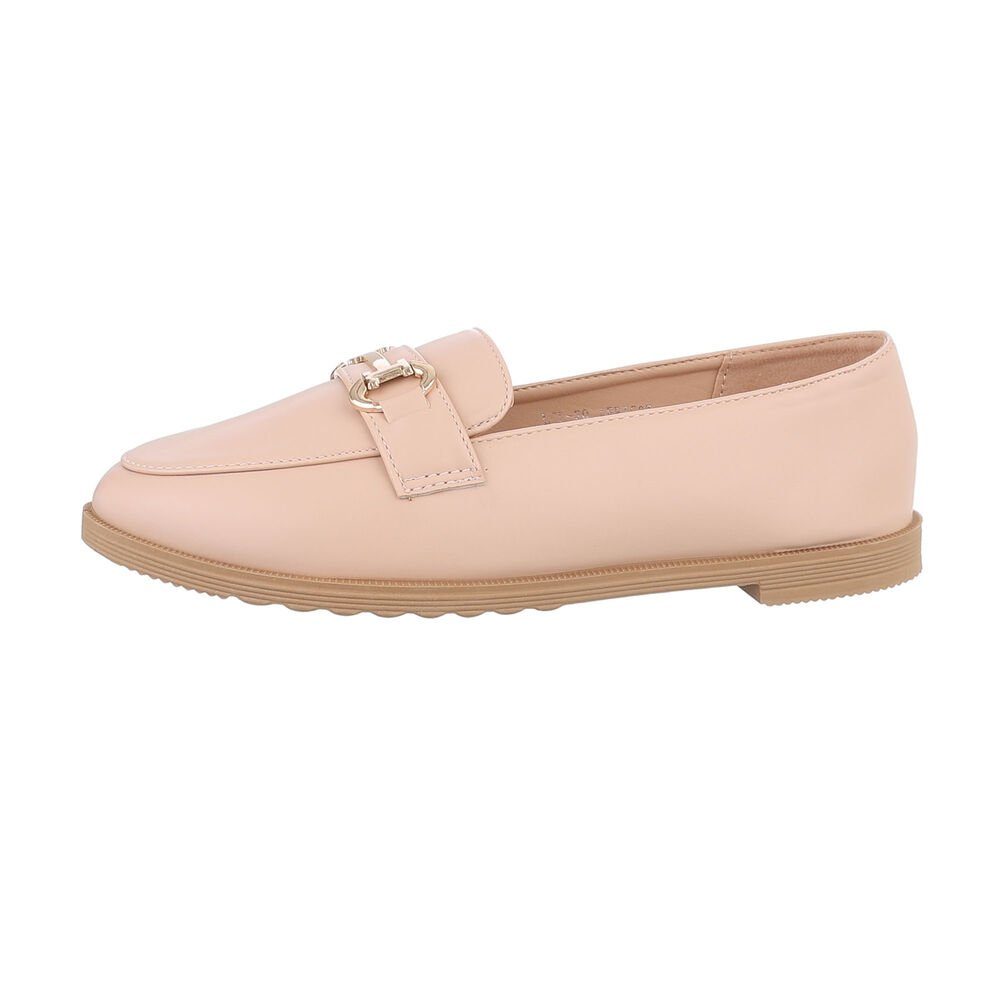 Ital-Design Damen Mokassins Freizeit Slipper Blockabsatz Mokassins in Apricot