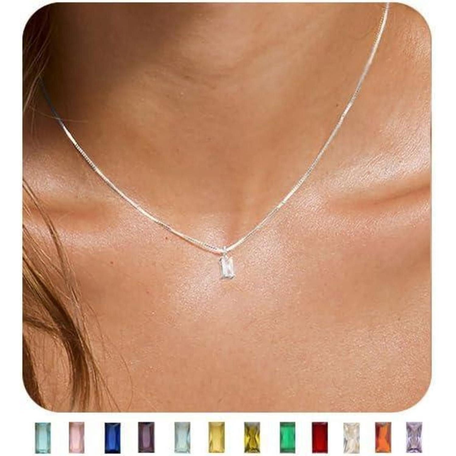 LuxusKollektion Kette mit Anhänger Kette Geburtsstein 14K Vergoldet 925 Silber Damen Silber-04.April