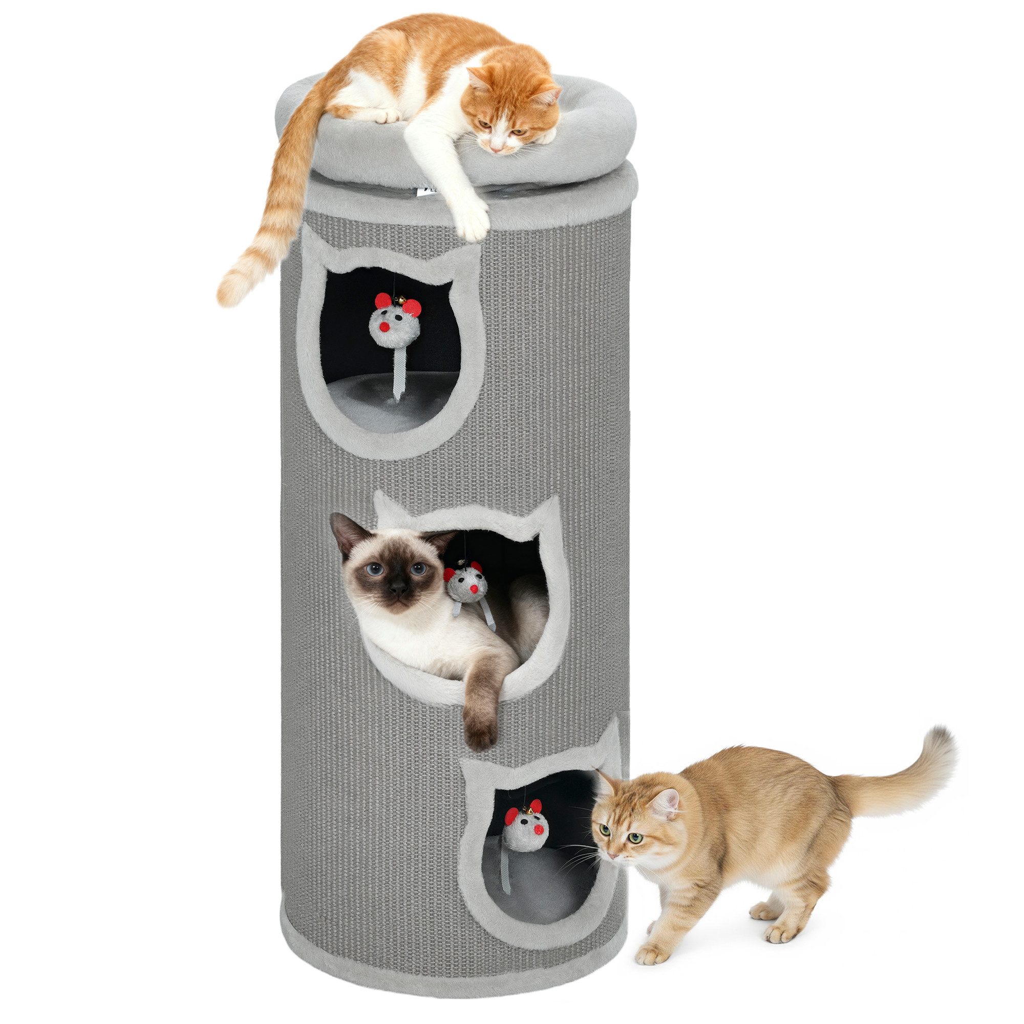 PawHut Kratztonne Kratztonne mit Plüschrand, abnehmbarem Plüschbett, Kratzbaum, (Katzenturm, 1-tlg., Katzentoilette mit Sisalseil, 3 Höhlen), mit 3 Spielzeugen, Grau