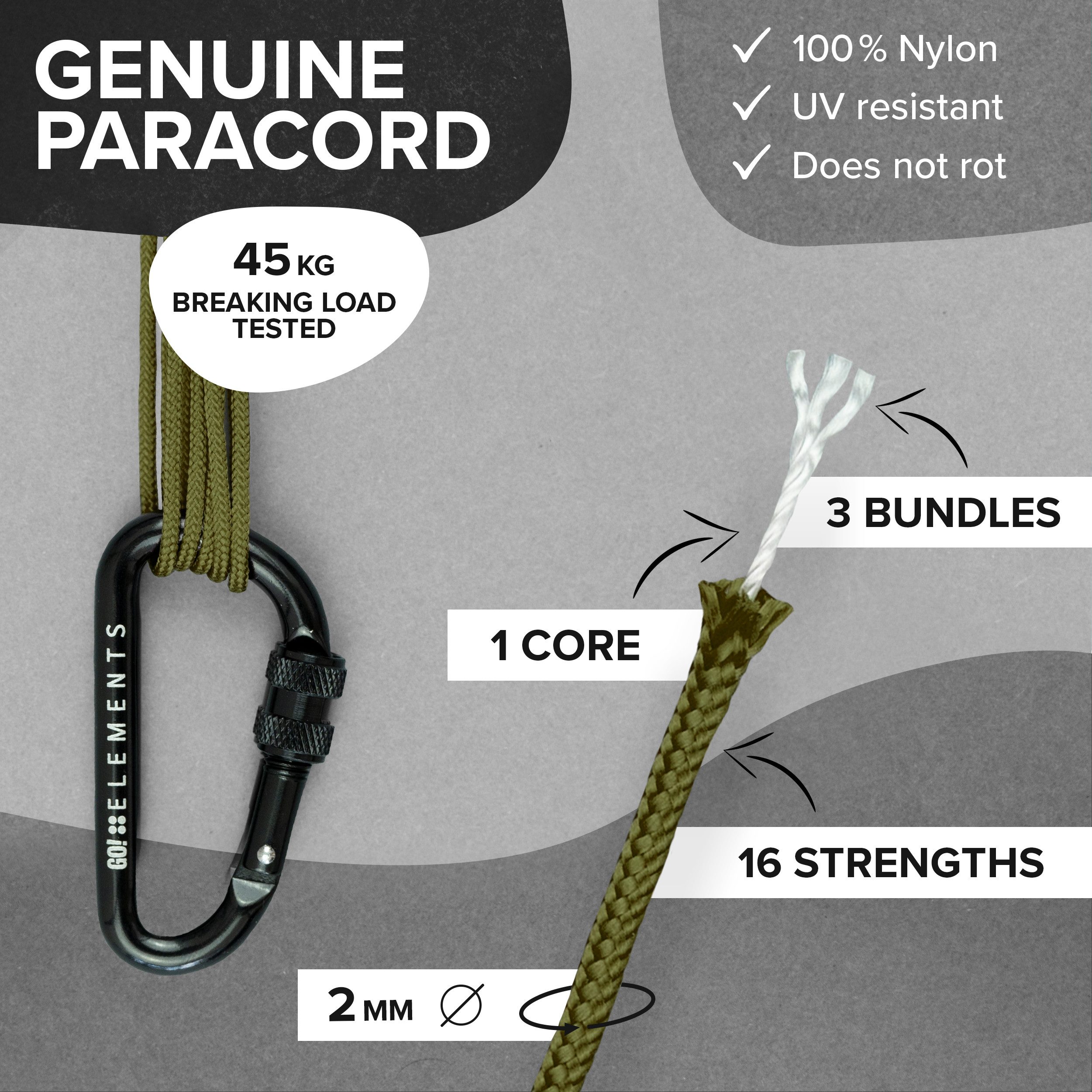 GO!elements Seil Paracord 100 - 2mm, Paracord 100 aus reißfester Nylonschnur