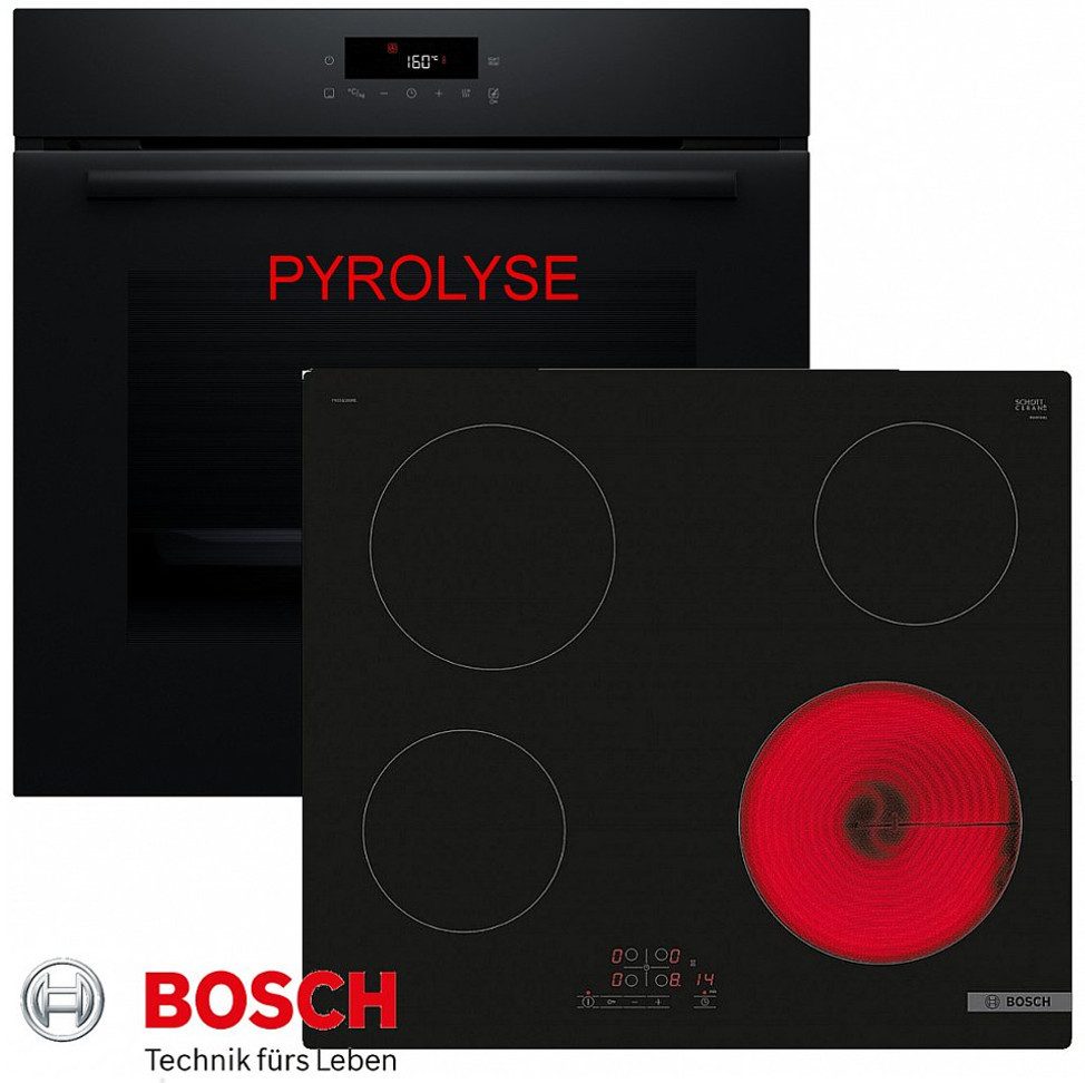 BOSCH Backofen-Set Pyrolyse Herdset Autark Backofen Selbstreinigung +Glaskeramik Kochfeld, Pyrolyse-Selbstreinigung, Pyrolyse + Hydrolyse