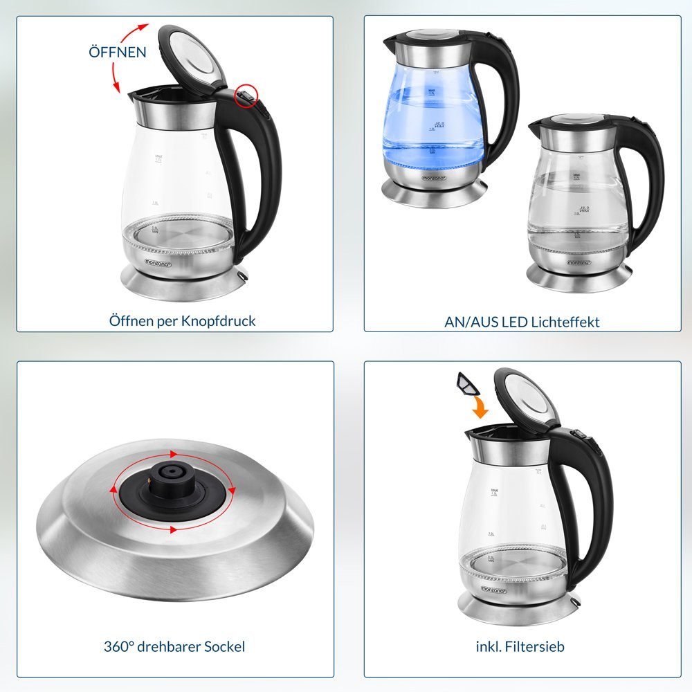 BPA l, LED W, 2200 1.7 Frei Küche Glas Deuba Edelstahl Teekocher Kabellos Wasserkocher, Kalkfilter