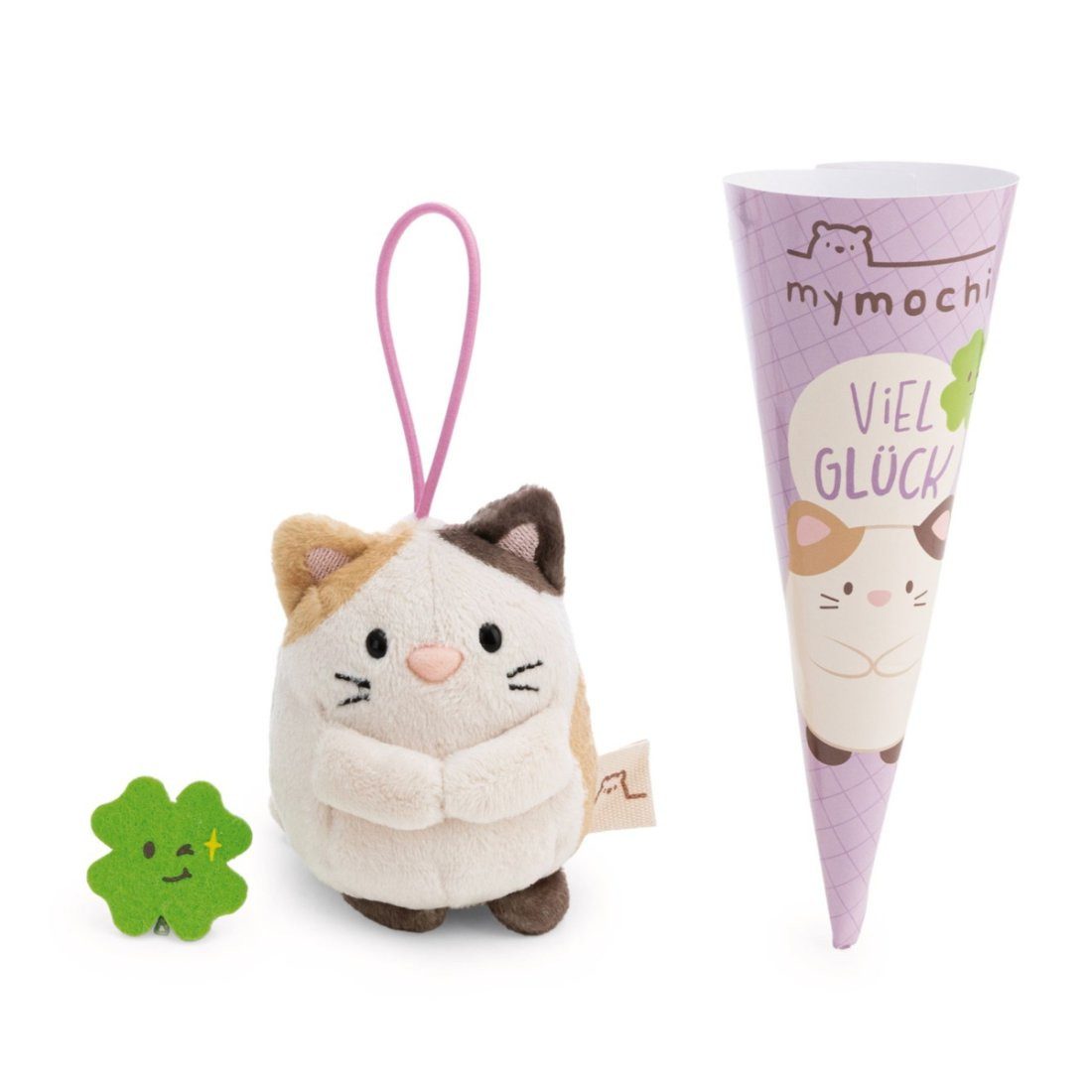 Nici Schultüte mymochi Schlüsselanhänger Katze Angy 8 cm mit Kleeblatt Kuscheltier, als Back to School Geschenk Anhänger, mit kleinem Zubehör moodie