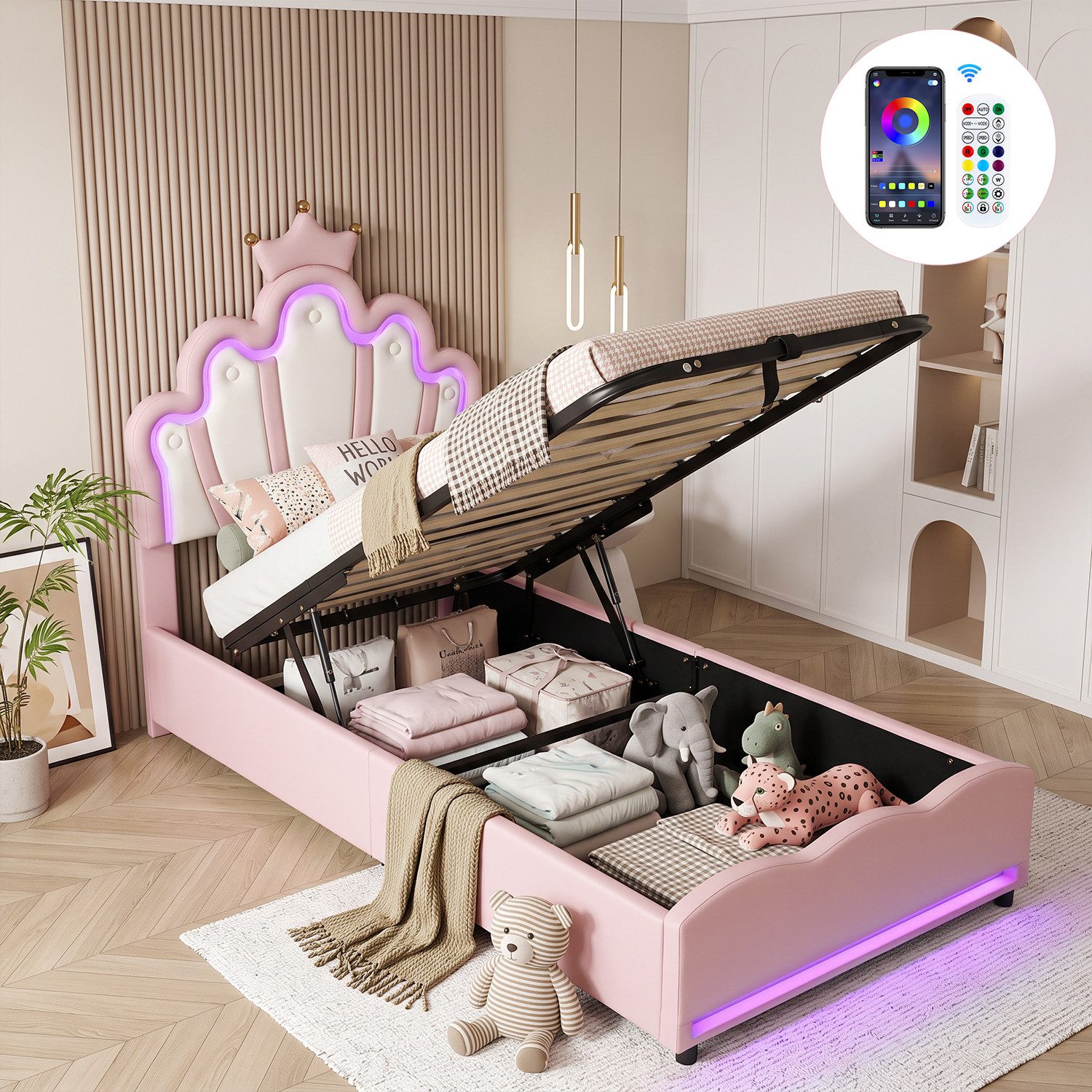 oyajia Polsterbett LED Kinderbett mit krone-Form Prinzessinnenbett (PU-Leder material Polsterbett mit Lattenrost und verstellbares gepolstertes Kopfteil), Modernes Jugendbett, Leises Design, Einfach zu montieren und stabil