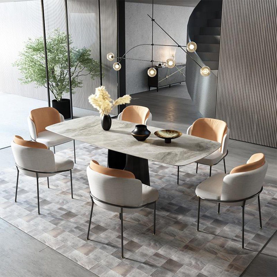 JVmoebel Essgruppe Marmor Tische Essgruppe Set Stuhl Gruppe Tisch Design Stühle 7tlg Silber