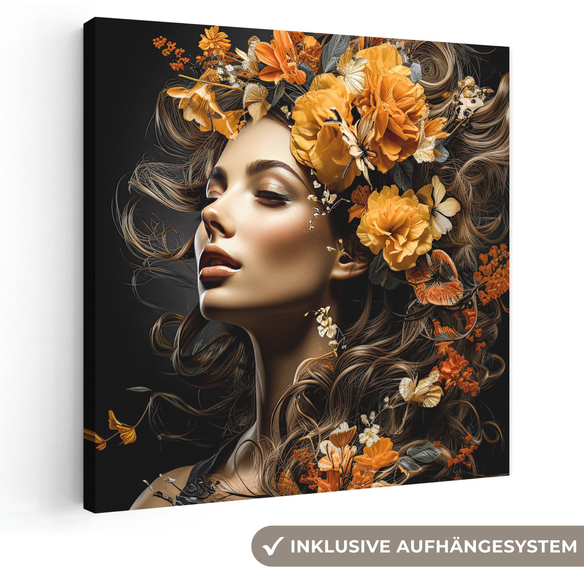 OneMillionCanvasses® Leinwandbild Frau - Porträt - Blumen - Farbenfroh, Fotodruck (1 St), Wandbild, Deko Schlafzimmer Wohnzimmer Flur 20x20 cm