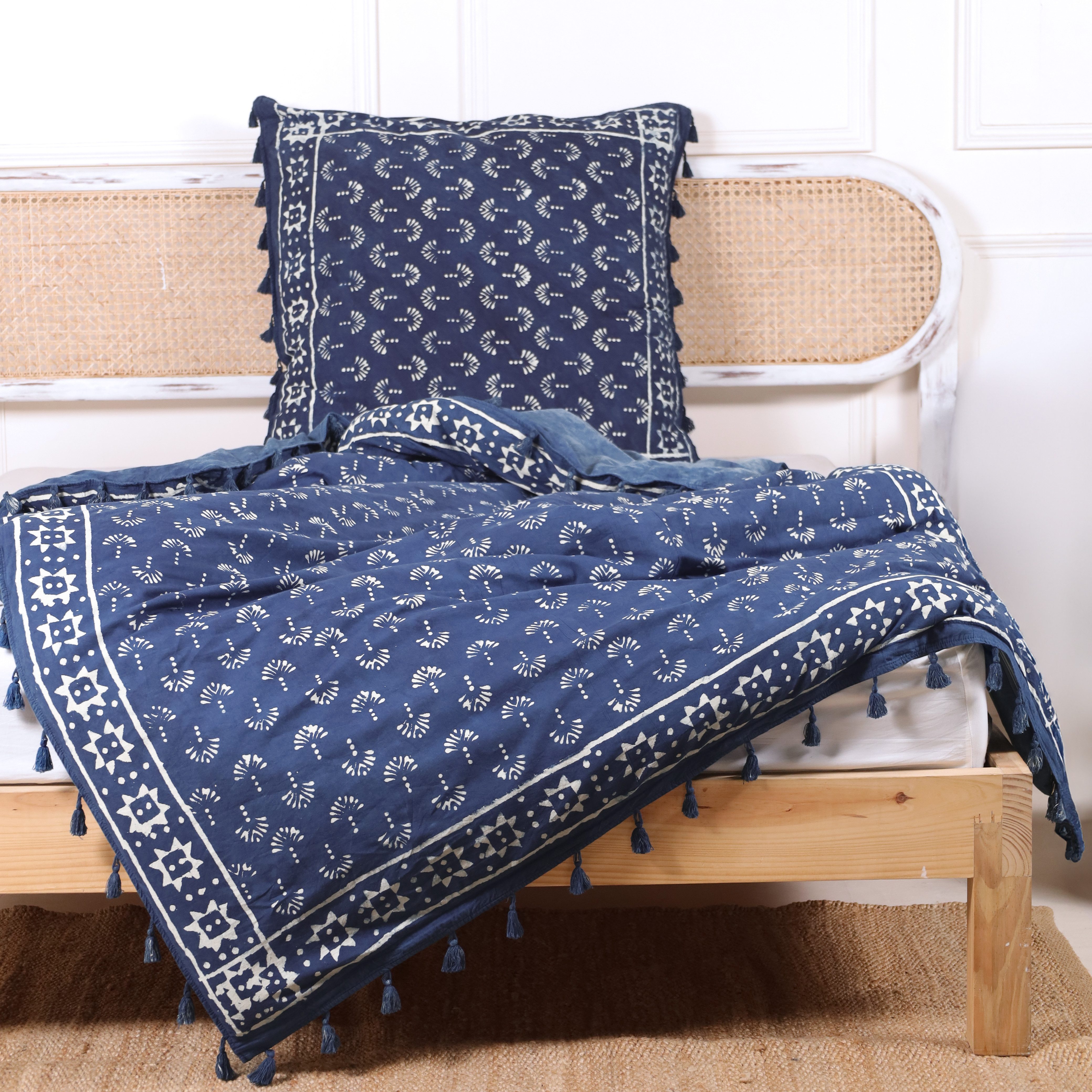 Karmandala Bettbezug Boho Bettbezug Blau Bettwäsche weiche Baumwolle Bohemian Style, Natürliche Baumwolle, mit Indigo gefärbt, frei von Chemikalien