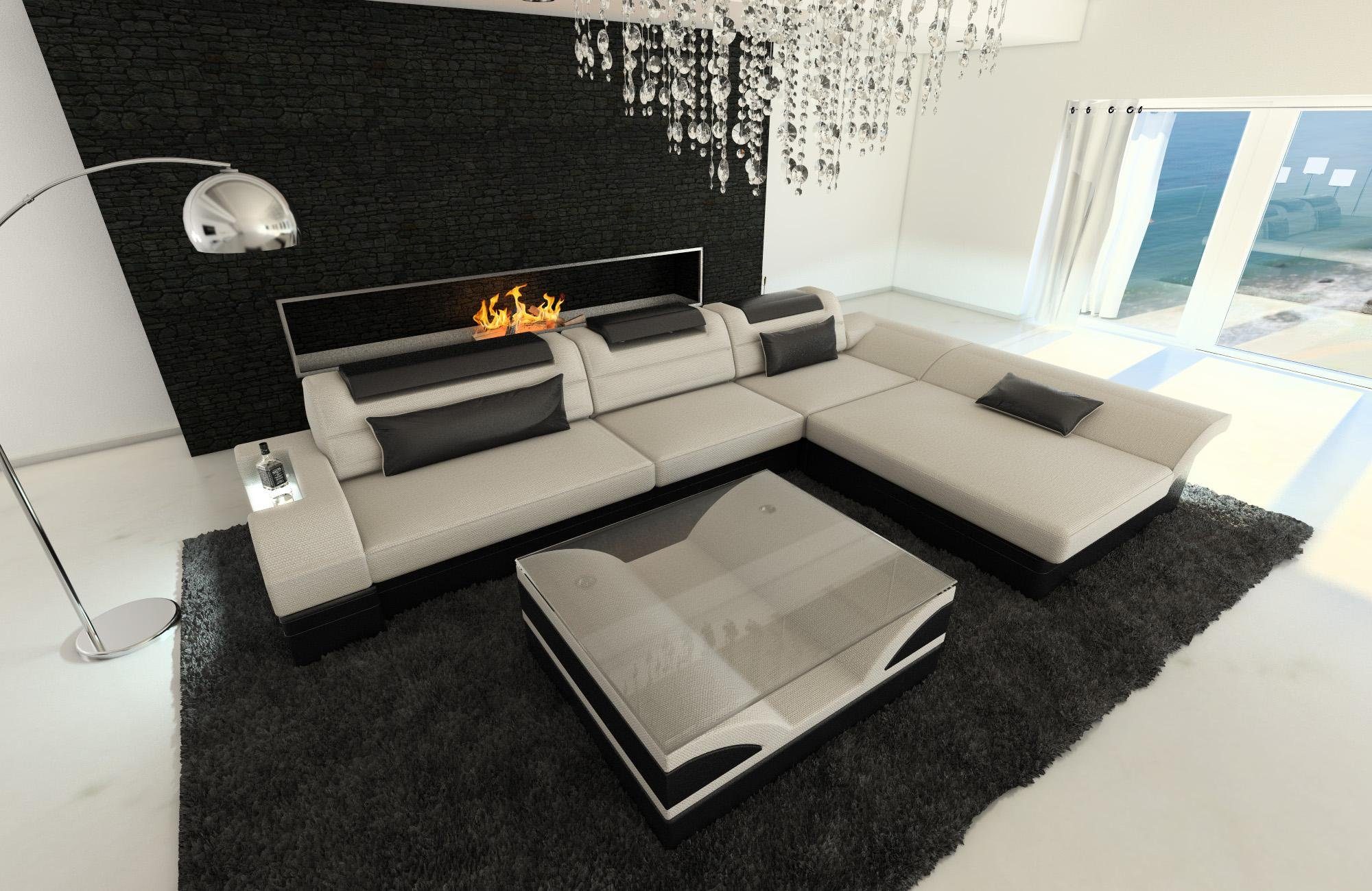 Sofa Dreams Ecksofa Stoffsofa H1 Bettfunktion, Couch LED, L ausziehbare Elfenbein-Schwarz mit Form, Polstersofa Designersofa Monza Stoff