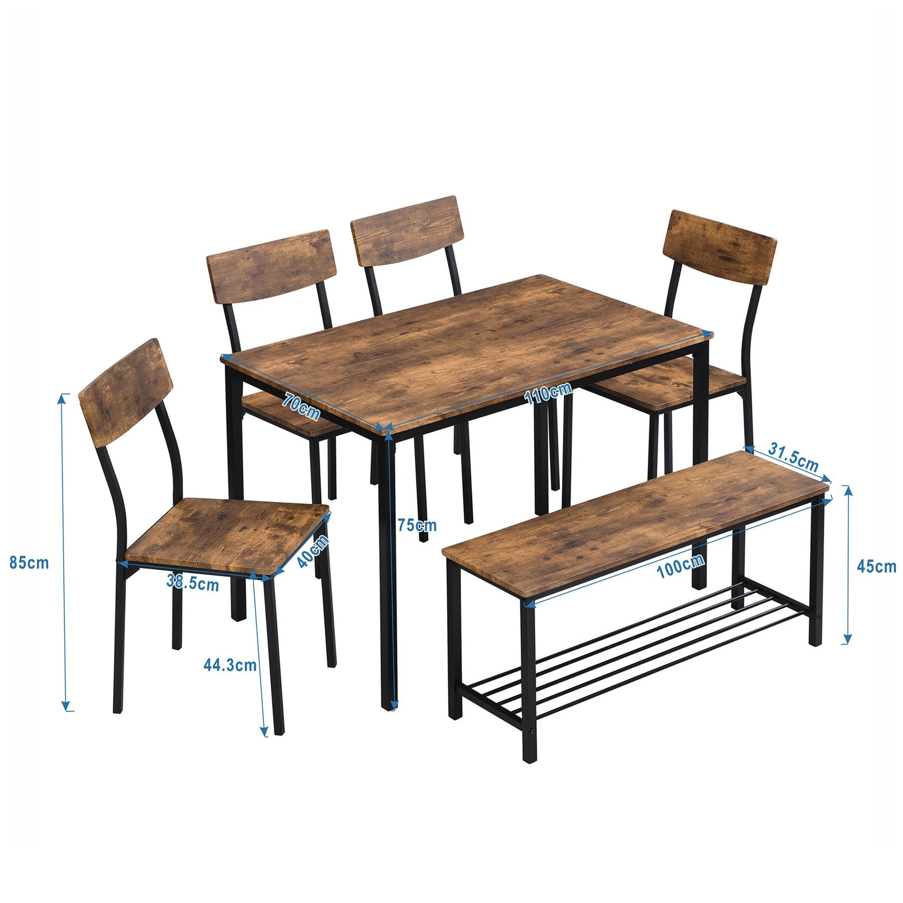 Set 1*Tisch+4*Stühle+1*Schemel, Celya Esszimmerstuhl und 6 Stahlrahmen,Küche Esstisch Stuhl Bank Industrie Holz Esstisch Stil Set,