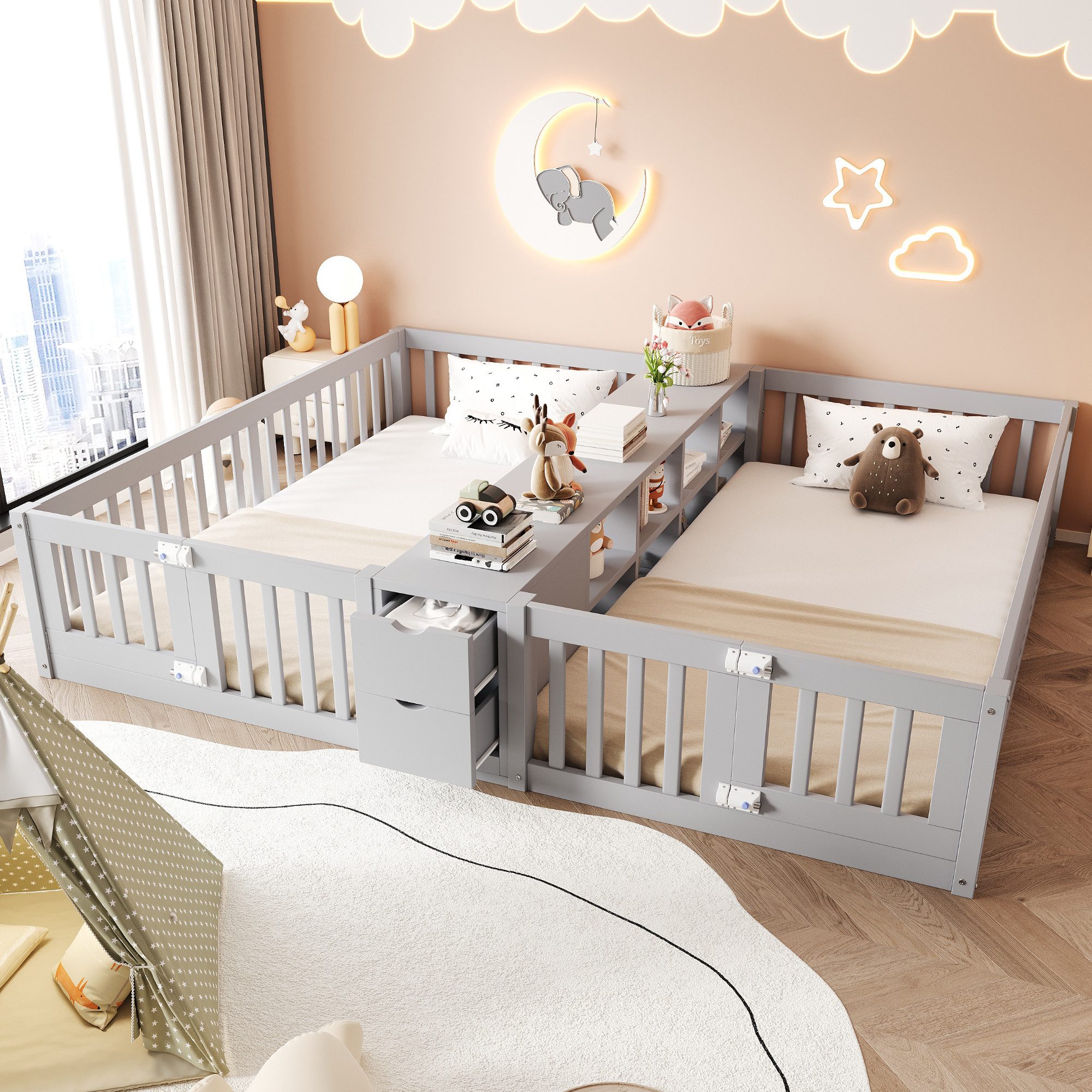 Flieks Kinderbett, Bodenbett Holzbett 90x200cm*2 mit Schubladen und Doppelstöckigem Regal