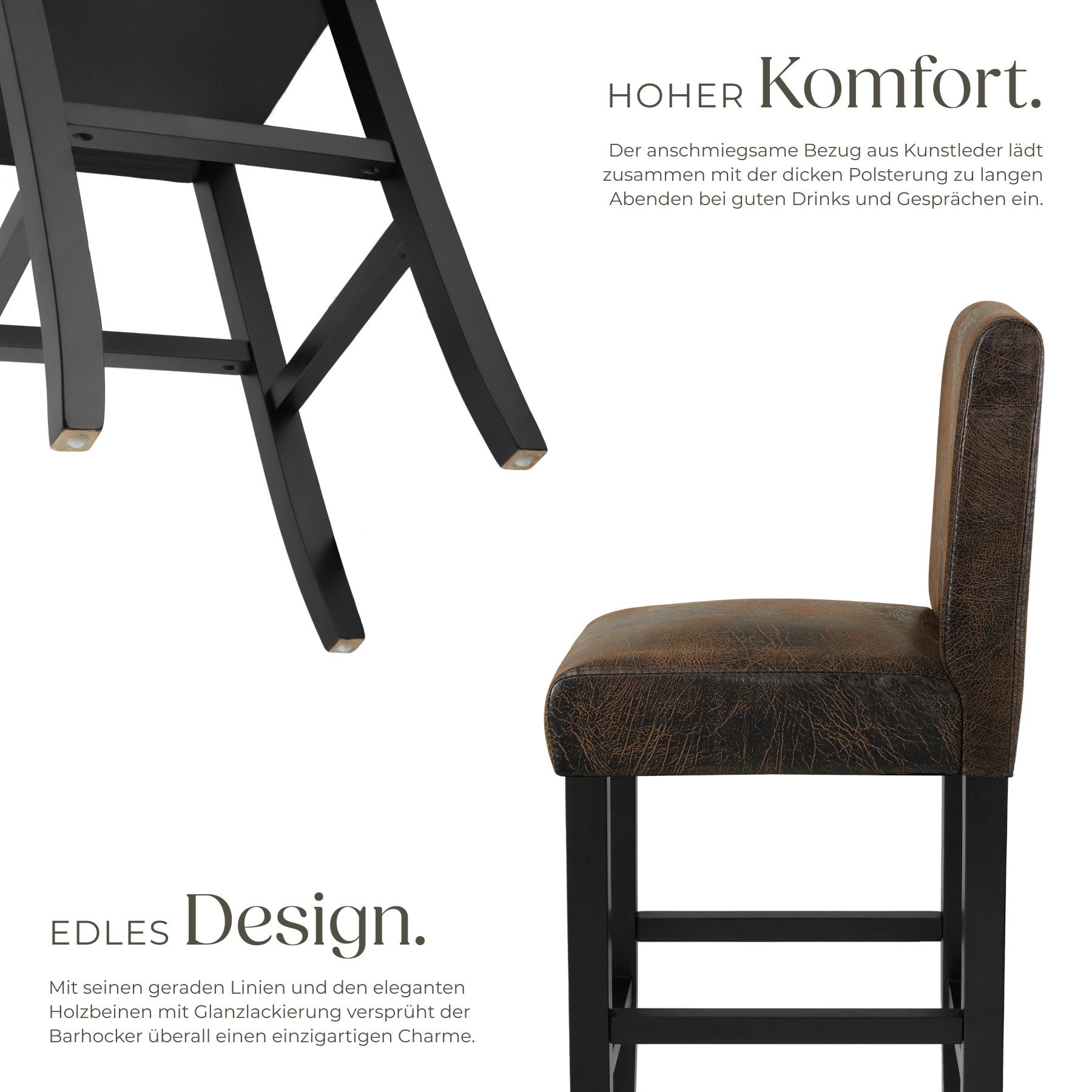 tectake Barhocker Barstuhl aus Kunstleder, gepolstert mit Rückenlehne, Stuhlbeine aus Massivholz, Sitzhöhe 76 cm