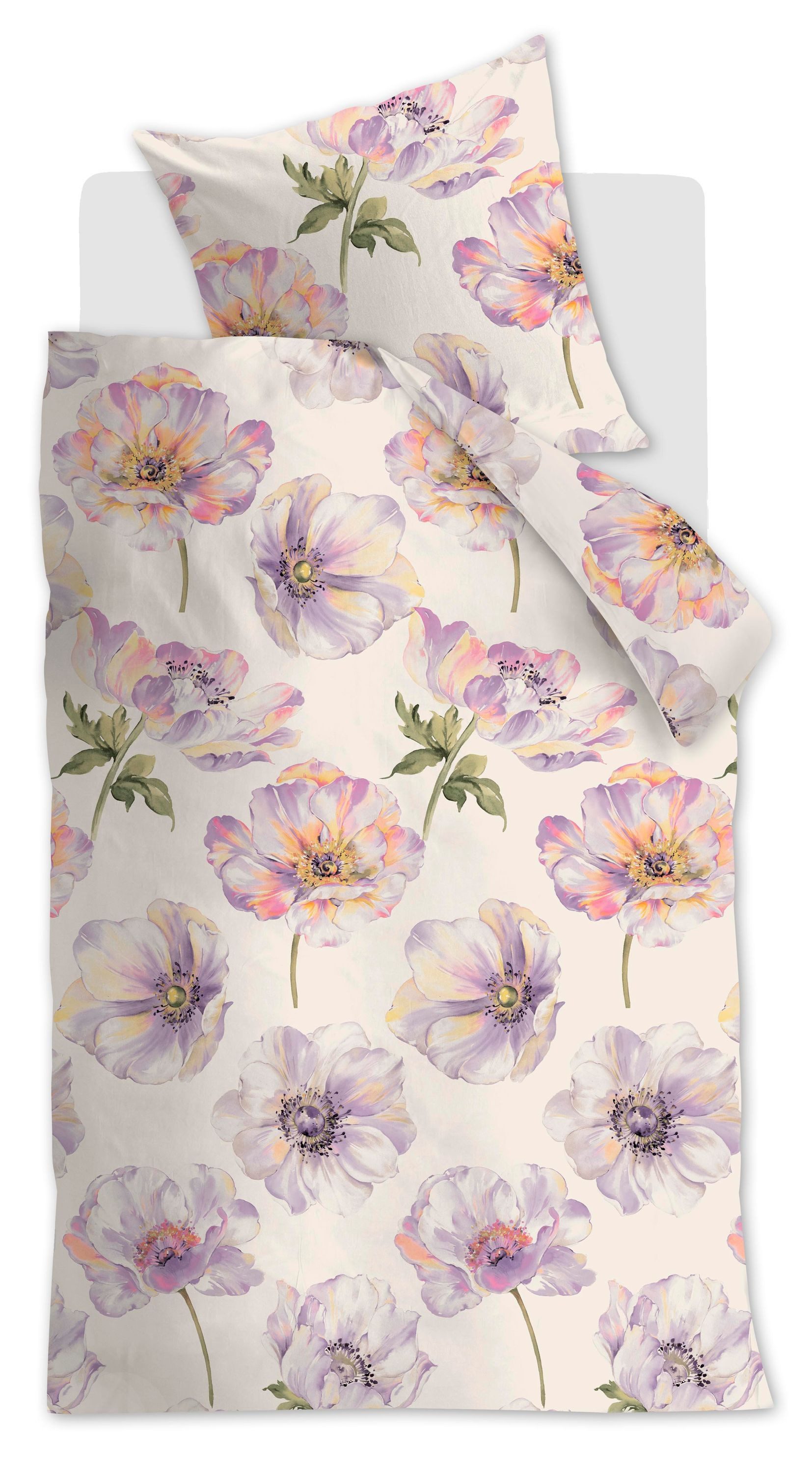 Beddinghouse Bettwäsche Satin, Baumwolle, lila Blüten auf hellem Hintergrund
