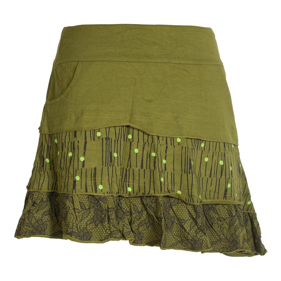 Asymmetrischer Taschen, Rüschenrock Rock Hippie, Ethno, olive Vishes Style mit Blümchen Rüschen, Festival Goa,