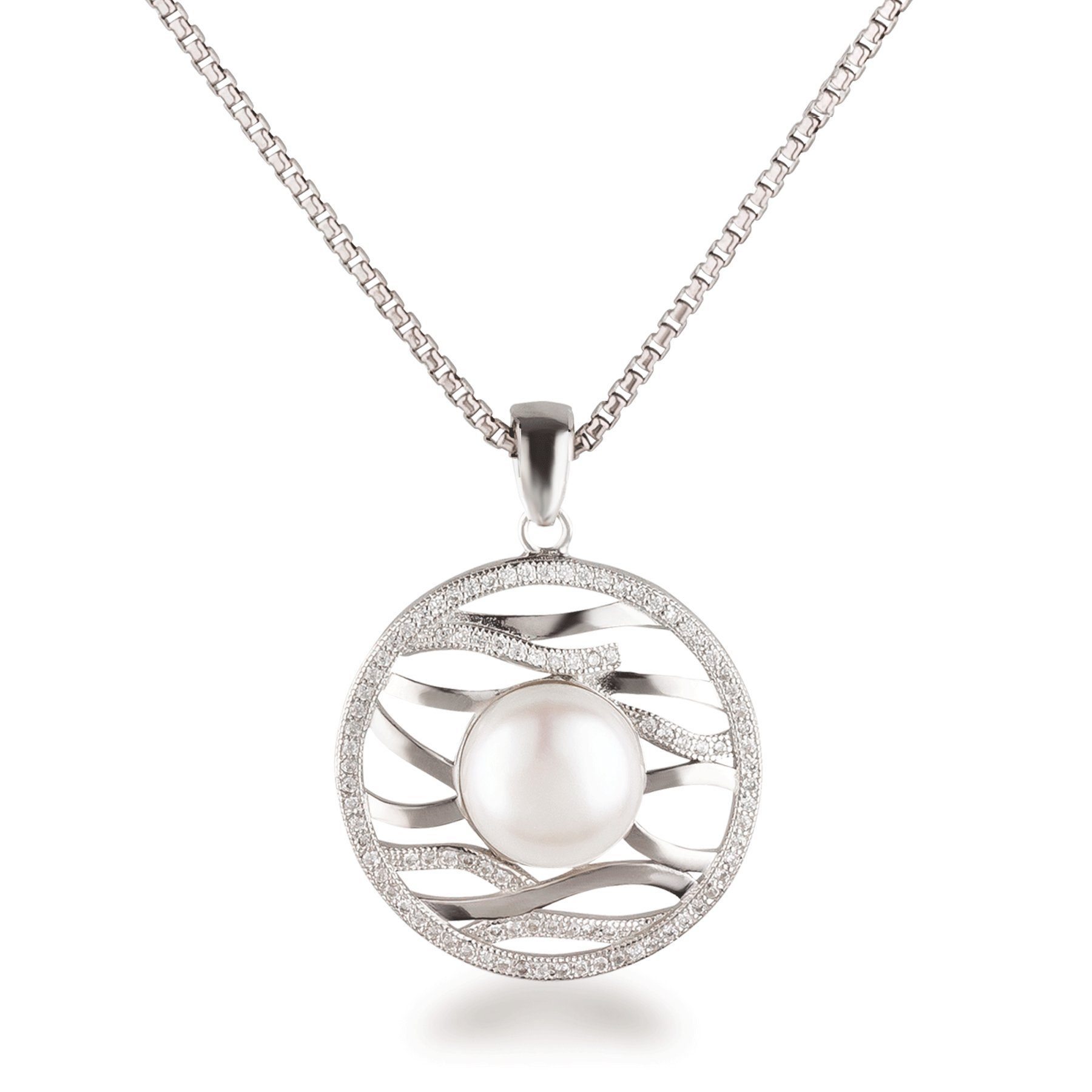 Schöner-SD Perlenkette Perlenanhänger rund mit 10mm großer Süßwasserperle und Silberkette, mit Zirkonia