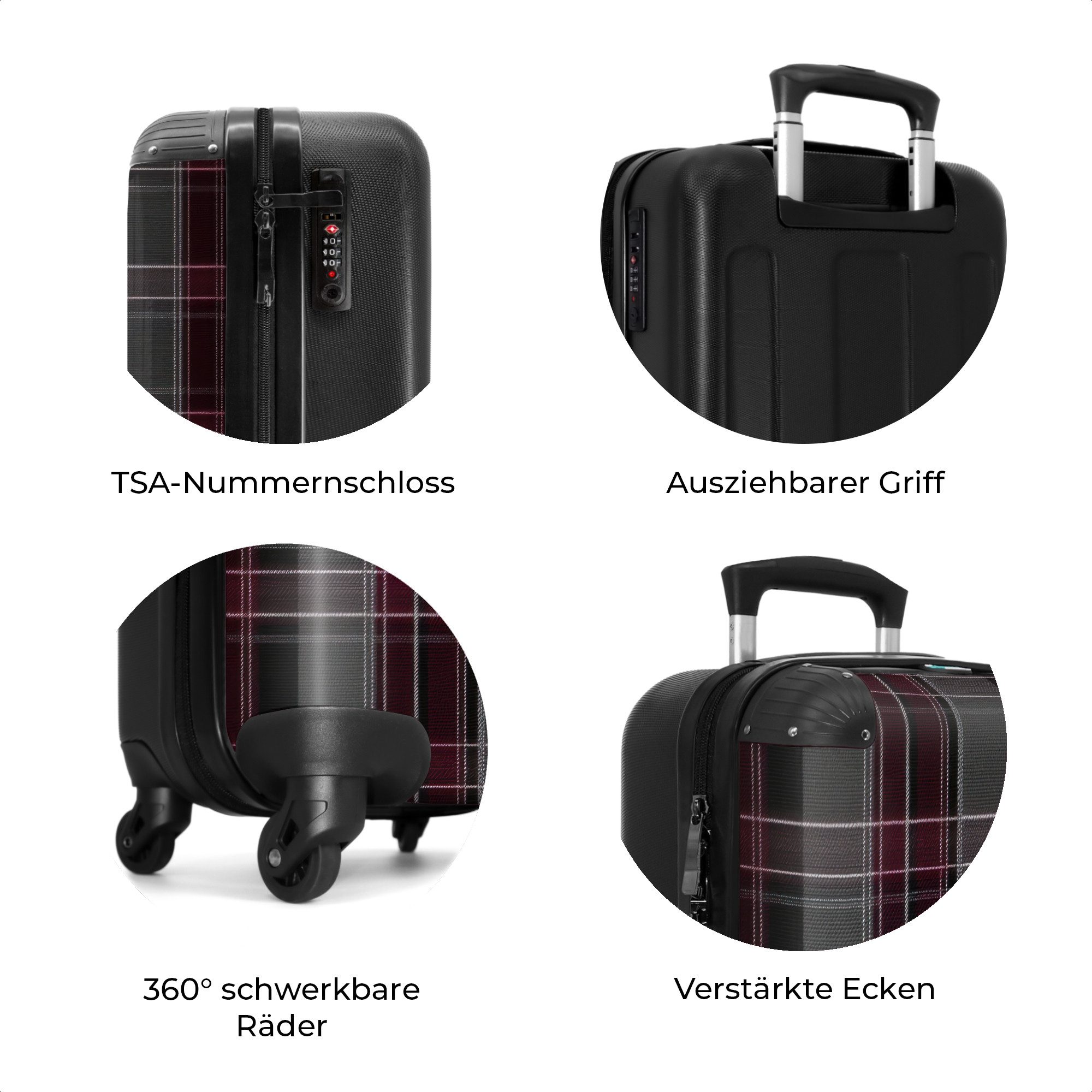 NoBoringSuitcases.com© Hartschalen-Trolley Klassisches Karomuster in Grau und Rot 55x35x20cm, 4 Rollen, Reisetasche mit Rollen, Koffer Handgepäck Flugzeug