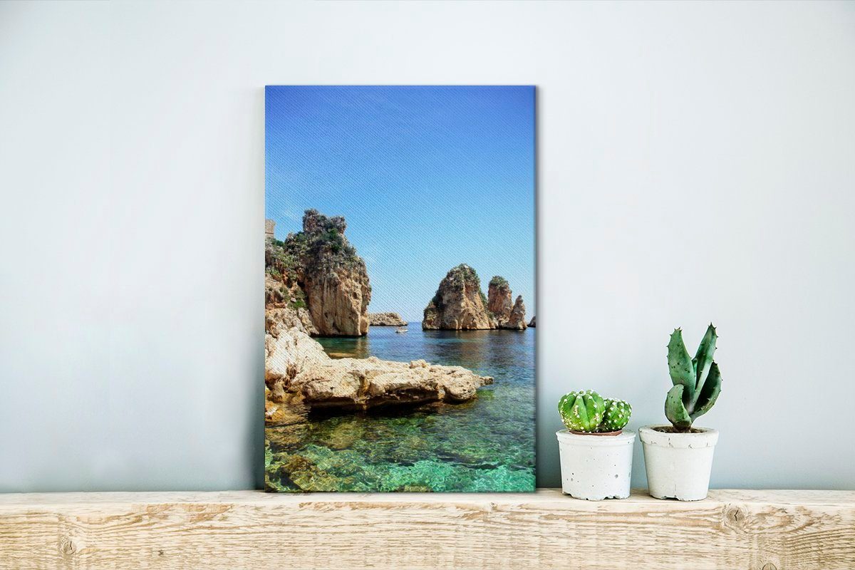 Leinwandbild bespannt Scopello Blick Meer auf Italien, Leinwandbild 20x30 von OneMillionCanvasses® inkl. Zackenaufhänger, St), Gemälde, fertig (1 Ein cm das