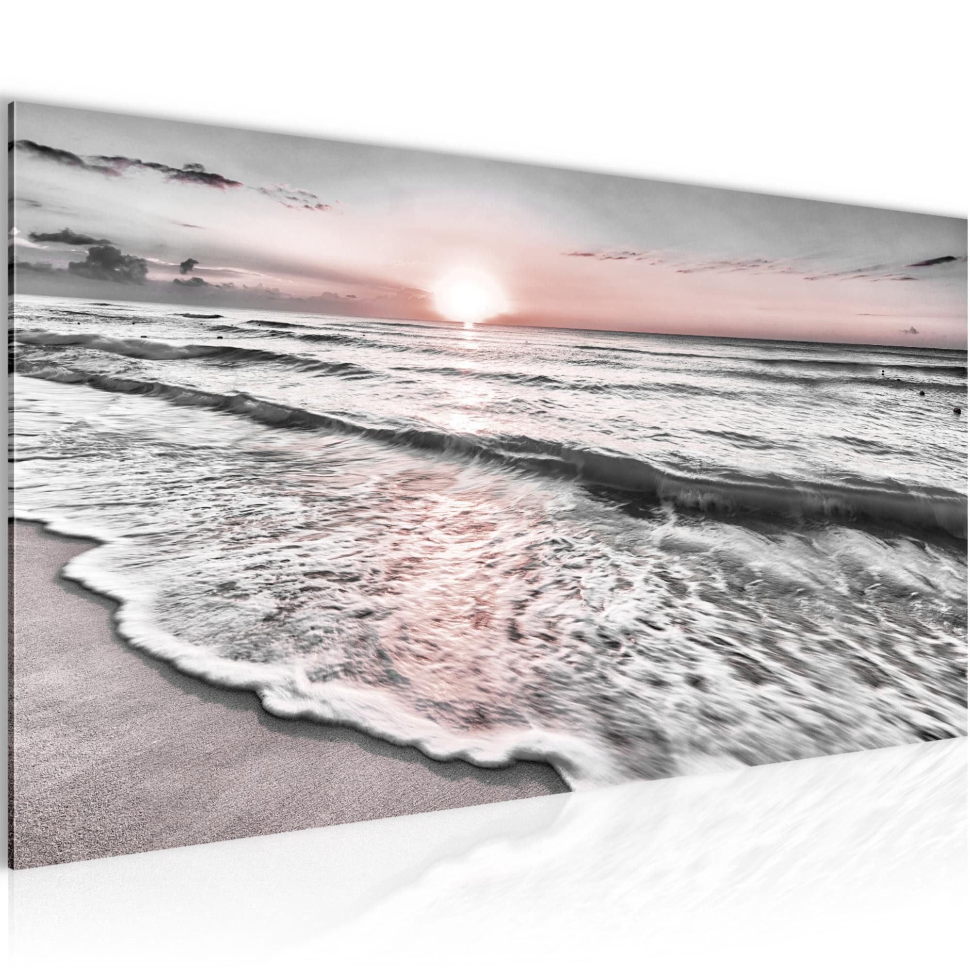 Runa Art Wandbild Sonnenuntergang Strand Modern auf Vlies Leinwand Landschaft Grau Rosa, 100L x 40B cm